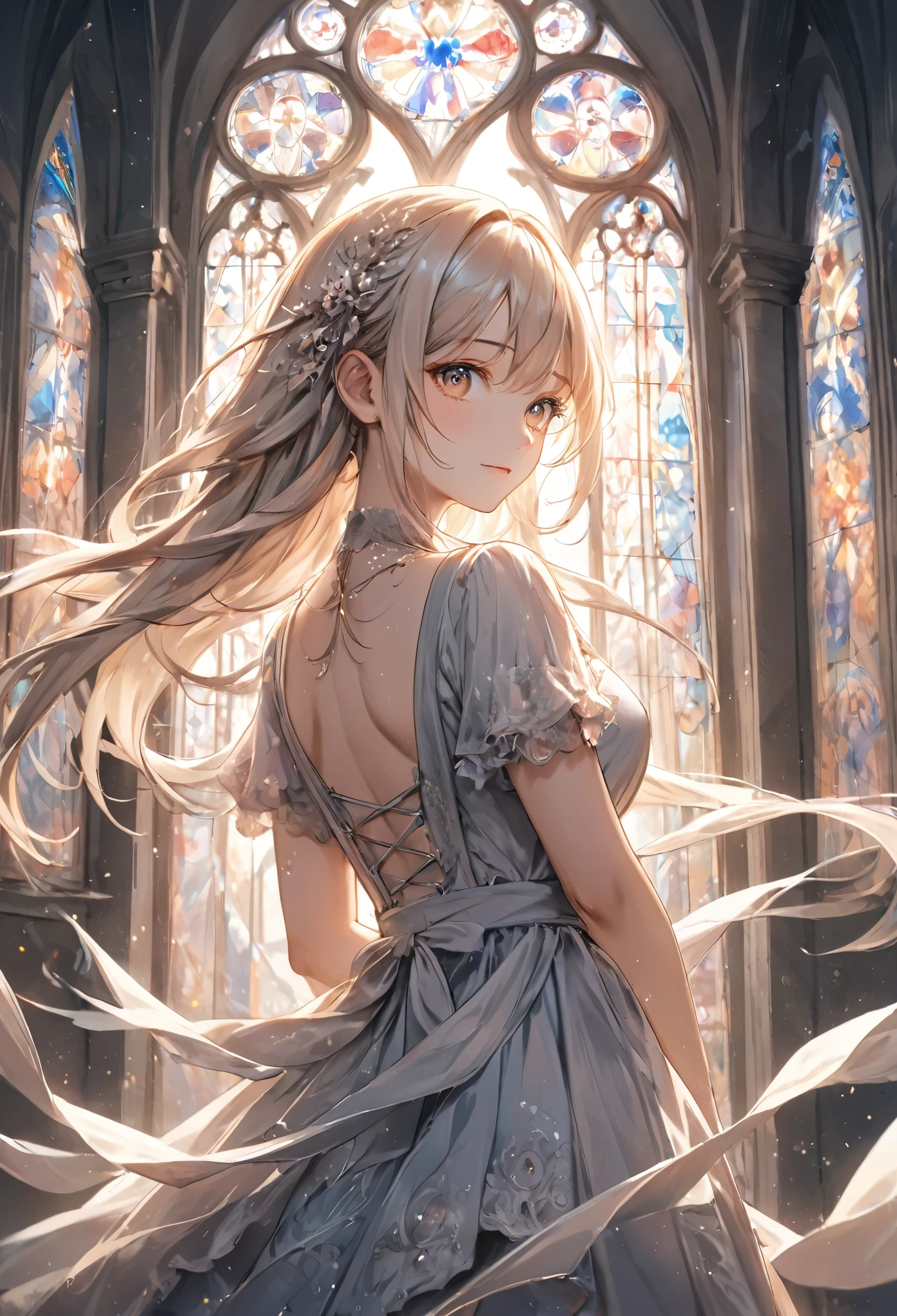 masterpiece, best quality, ultra-detailed, illustration-style artwork of a young woman standing before a grand, decaying cathedral beneath a swirling, radiant sky. Her long, flowing blonde hair is painted with soft, delicate brushstrokes, each strand catching the subtle glow of the light from the sky. She wears a traditional maid outfit, rendered with intricate details in the fabric—soft folds in the skirt, the subtle textures of the lace, and the worn edges of the apron all add to the sense of age and history in the scene. Her expression is calm but intense, with her piercing eyes painted in soft shades of blue and grey, reflecting the swirling colors of the sky. The background features the grand, gothic architecture of the scary cathedral, painted in muted tones of grey and brown, with soft rainbow light reflecting off its weathered stone walls. Vines and moss creep up the sides of the cathedral, painted with loose, flowing brushstrokes that blend into the shadows. Above, the sky is a chaotic swirl of light and color, painted with bold, sweeping strokes that give the impression of movement and energy. The central point of light in the sky glows brightly, its radiance casting soft, ethereal light across the scene, illuminating the woman’s hair and dress with a warm, golden glow. The ground is overgrown with dark, shadowy plants, their forms painted with soft, flowing lines that add to the overall dreamlike quality of the scene. The lighting is soft and diffused, creating a peaceful yet mysterious atmosphere, as though the entire scene is suspended in a moment of quiet tension. The illustration style is detailed yet painterly, with a focus on creating a sense of depth and atmosphere through the use of soft lighting and flowing lines.