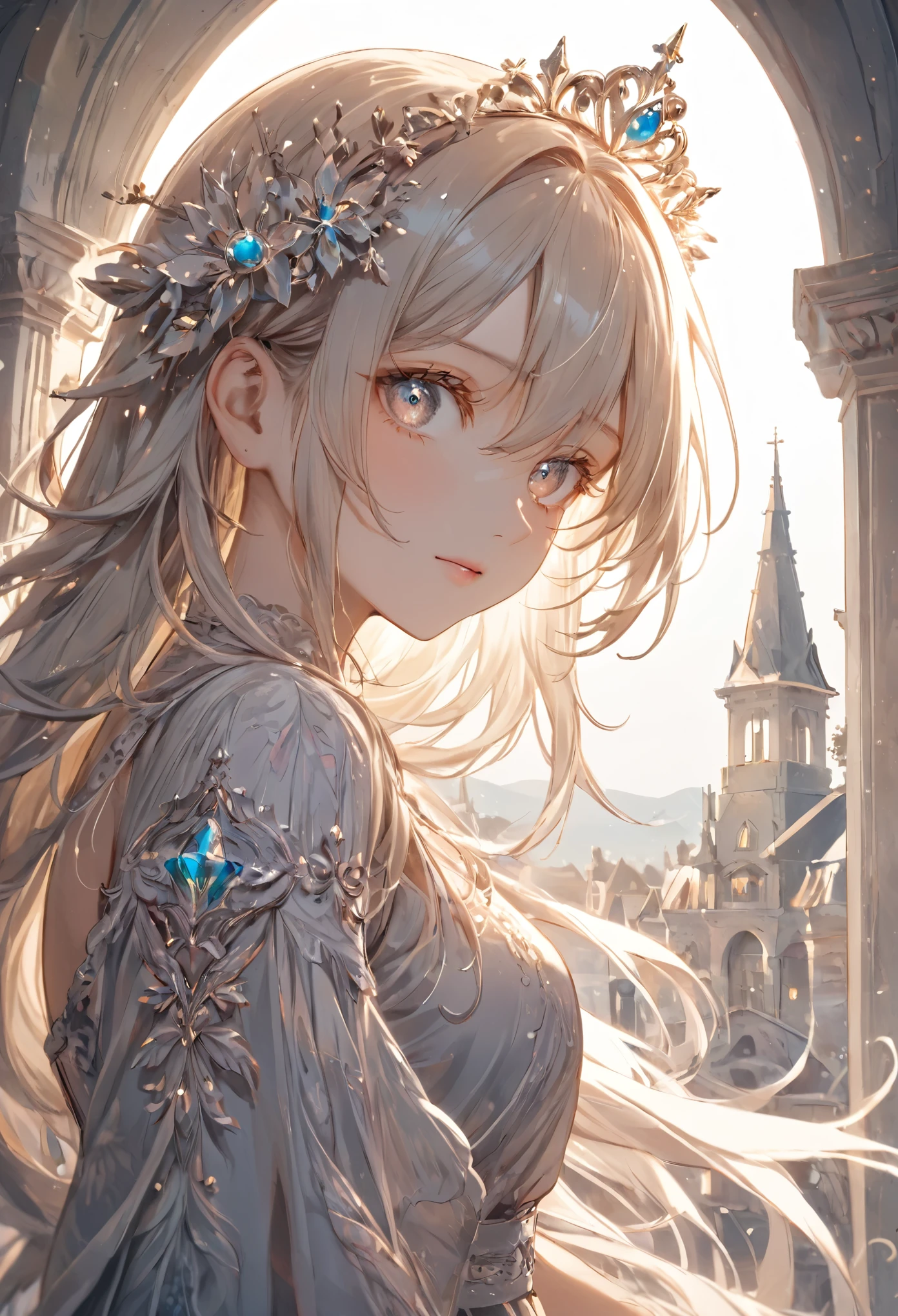 masterpiece, best quality, ultra-detailed, illustration-style artwork of a young woman standing before a grand, decaying cathedral beneath a swirling, radiant sky. Her long, flowing blonde hair is painted with soft, delicate brushstrokes, each strand catching the subtle glow of the light from the sky. She wears a traditional maid outfit, rendered with intricate details in the fabric—soft folds in the skirt, the subtle textures of the lace, and the worn edges of the apron all add to the sense of age and history in the scene. Her expression is calm but intense, with her piercing eyes painted in soft shades of blue and grey, reflecting the swirling colors of the sky. The background features the grand, gothic architecture of the scary cathedral, painted in muted tones of grey and brown, with soft rainbow light reflecting off its weathered stone walls. Vines and moss creep up the sides of the cathedral, painted with loose, flowing brushstrokes that blend into the shadows. Above, the sky is a chaotic swirl of light and color, painted with bold, sweeping strokes that give the impression of movement and energy. The central point of light in the sky glows brightly, its radiance casting soft, ethereal light across the scene, illuminating the woman’s hair and dress with a warm, golden glow. The ground is overgrown with dark, shadowy plants, their forms painted with soft, flowing lines that add to the overall dreamlike quality of the scene. The lighting is soft and diffused, creating a peaceful yet mysterious atmosphere, as though the entire scene is suspended in a moment of quiet tension. The illustration style is detailed yet painterly, with a focus on creating a sense of depth and atmosphere through the use of soft lighting and flowing lines.