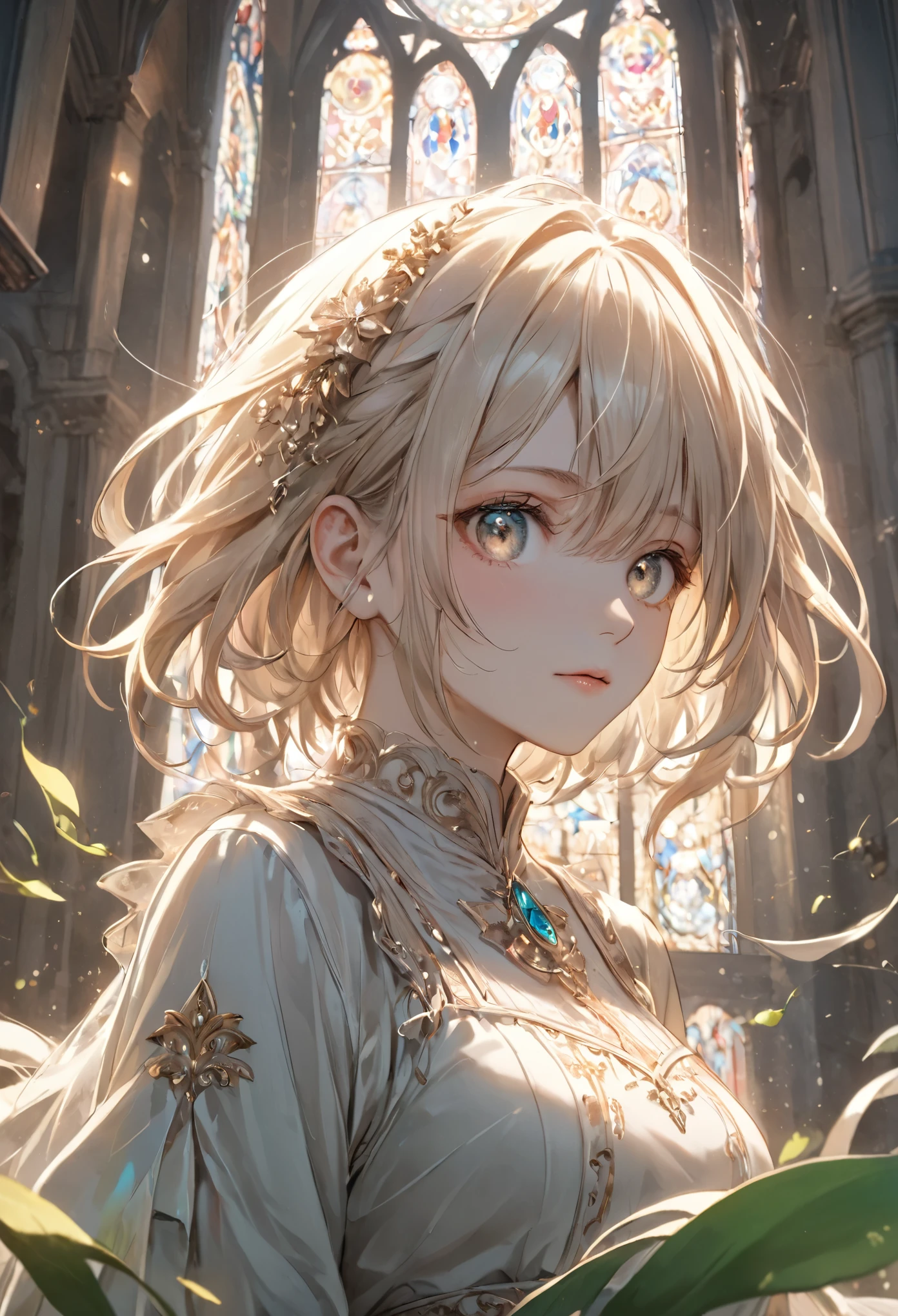 masterpiece, best quality, ultra-detailed, illustration-style artwork of a young woman standing before a grand, decaying cathedral beneath a swirling, radiant sky. Her long, flowing blonde hair is painted with soft, delicate brushstrokes, each strand catching the subtle glow of the light from the sky. She wears a traditional maid outfit, rendered with intricate details in the fabric—soft folds in the skirt, the subtle textures of the lace, and the worn edges of the apron all add to the sense of age and history in the scene. Her expression is calm but intense, with her piercing eyes painted in soft shades of blue and grey, reflecting the swirling colors of the sky. The background features the grand, gothic architecture of the scary cathedral, painted in muted tones of grey and brown, with soft rainbow light reflecting off its weathered stone walls. Vines and moss creep up the sides of the cathedral, painted with loose, flowing brushstrokes that blend into the shadows. Above, the sky is a chaotic swirl of light and color, painted with bold, sweeping strokes that give the impression of movement and energy. The central point of light in the sky glows brightly, its radiance casting soft, ethereal light across the scene, illuminating the woman’s hair and dress with a warm, golden glow. The ground is overgrown with dark, shadowy plants, their forms painted with soft, flowing lines that add to the overall dreamlike quality of the scene. The lighting is soft and diffused, creating a peaceful yet mysterious atmosphere, as though the entire scene is suspended in a moment of quiet tension. The illustration style is detailed yet painterly, with a focus on creating a sense of depth and atmosphere through the use of soft lighting and flowing lines.