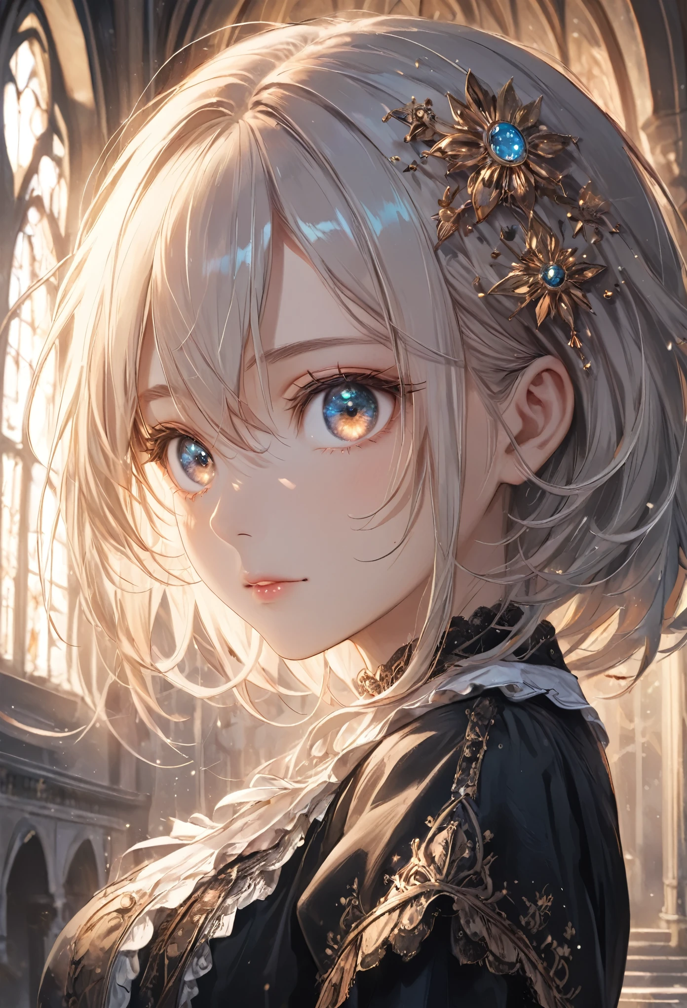 masterpiece, best quality, ultra-detailed, illustration-style artwork of a young woman standing before a grand, decaying cathedral beneath a swirling, radiant sky. Her long, flowing blonde hair is painted with soft, delicate brushstrokes, each strand catching the subtle glow of the light from the sky. She wears a traditional maid outfit, rendered with intricate details in the fabric—soft folds in the skirt, the subtle textures of the lace, and the worn edges of the apron all add to the sense of age and history in the scene. Her expression is calm but intense, with her piercing eyes painted in soft shades of blue and grey, reflecting the swirling colors of the sky. The background features the grand, gothic architecture of the scary cathedral, painted in muted tones of grey and brown, with soft rainbow light reflecting off its weathered stone walls. Vines and moss creep up the sides of the cathedral, painted with loose, flowing brushstrokes that blend into the shadows. Above, the sky is a chaotic swirl of light and color, painted with bold, sweeping strokes that give the impression of movement and energy. The central point of light in the sky glows brightly, its radiance casting soft, ethereal light across the scene, illuminating the woman’s hair and dress with a warm, golden glow. The ground is overgrown with dark, shadowy plants, their forms painted with soft, flowing lines that add to the overall dreamlike quality of the scene. The lighting is soft and diffused, creating a peaceful yet mysterious atmosphere, as though the entire scene is suspended in a moment of quiet tension. The illustration style is detailed yet painterly, with a focus on creating a sense of depth and atmosphere through the use of soft lighting and flowing lines.