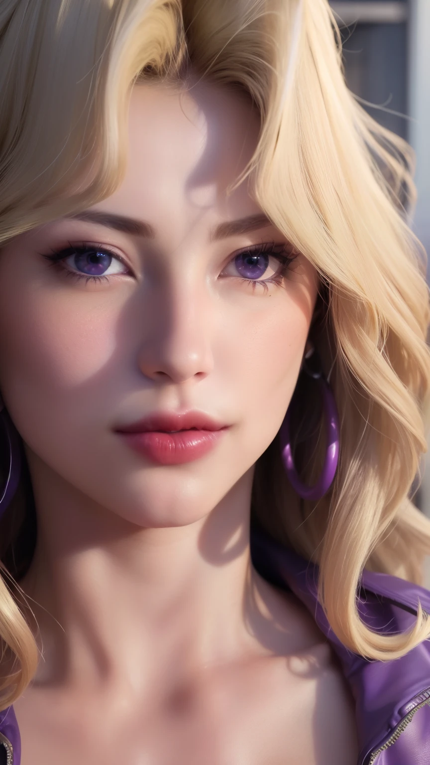 masterpiece, best quality, ultra high res, (photorealistic:1.8), unreal_engine, photograph, realistic_skin_texture, cowboy shot, 1girl, solo, mai valentine, blonde hair, purple eyes, earrings, lipstick, police uniform, portait (kojaku mai) beauty