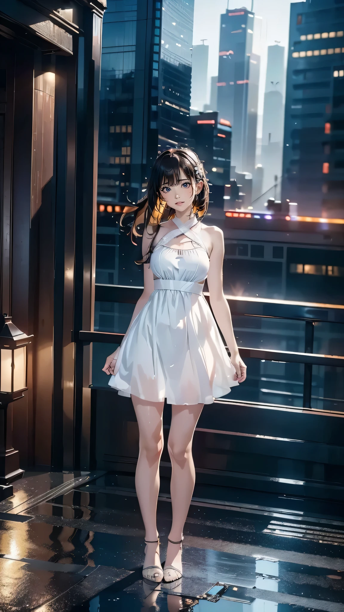 (8K, RAW Photos, Highest quality, Tabletop:1.2), (Realistic, Photorealistic:1.37),One Girl, Cityscape, night, Wet, Professional Lighting, Photon Mapping, White Dress、Look forward and smile,Full body photo、