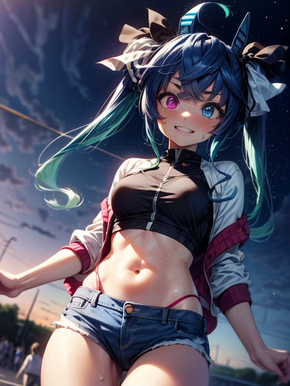 (masterpiece, best quality:1.2),Twin_turbo_Uma Musume, aqua hair, twintails, heterochromia, purple eyes, blue eyes, sharp teeth, high quality, detailed shiny skin, detailed beautiful hair, detailed beautiful eyes, detailed clothes, (high resolusion:1.2), 4K, official art, 1girl, high quality, small breasts, Crop top,Denim shorts、jacket、abdomen、belly button、smile, night, Starry Sky, Looking up at the sky、sweat、Track and Field、perspective, from below