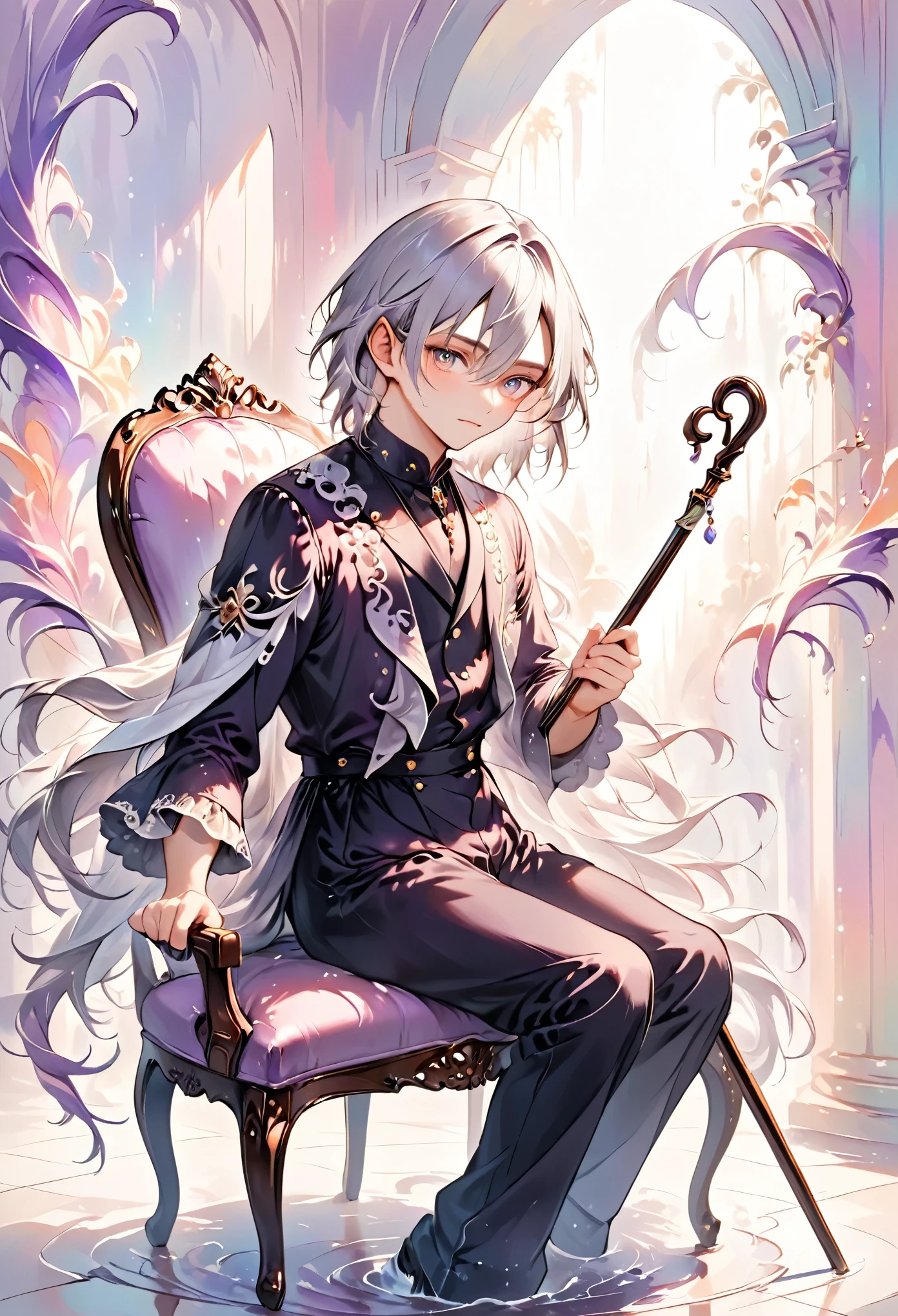 masterpiece, best quality, pastel color palette, a soft and elegant illustration of a noble man seated in an ornate chair, scary,his silver hair flows gently in soft waves, his expression is calm but carries a subtle air of superiority, his outfit is a delicate blend of pastel purples and golds, with intricate lace details that add a soft, whimsical touch, his gloved hand holds a thin cane, and the pearls and jewels surrounding him glow softly in the background, the entire scene is bathed in soft pastel light, creating a serene yet mysterious atmosphere, the background is blurred with pastel shades of red and purple, adding a gentle, dreamlike quality to the image, his aristocratic appearance is softened by the pastel tones, making the overall scene feel light, elegant, and full of quiet mystery, the soft lighting and pastel colors enhance the calm and graceful atmosphere of the scene.