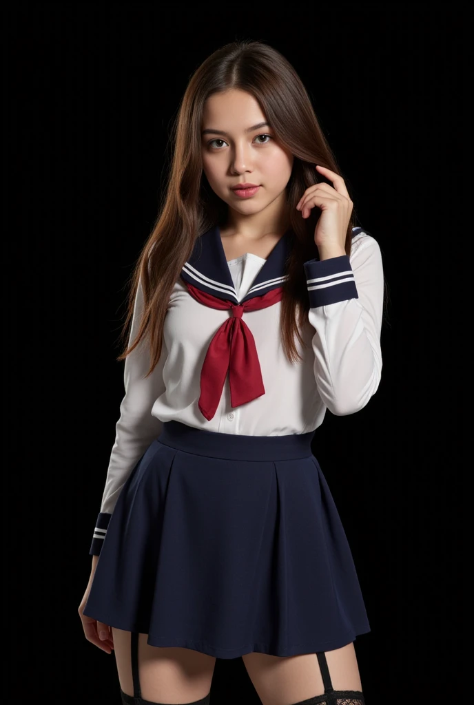 realistic, high res image, masterpiece, best quality, girl, cute, fair skin, brown shiny long hair, ultra detailed eyes, thick lips, dark background, school uniform, white long sleves shirt, navy skirt, black lace leg wear, black lace thighhigh