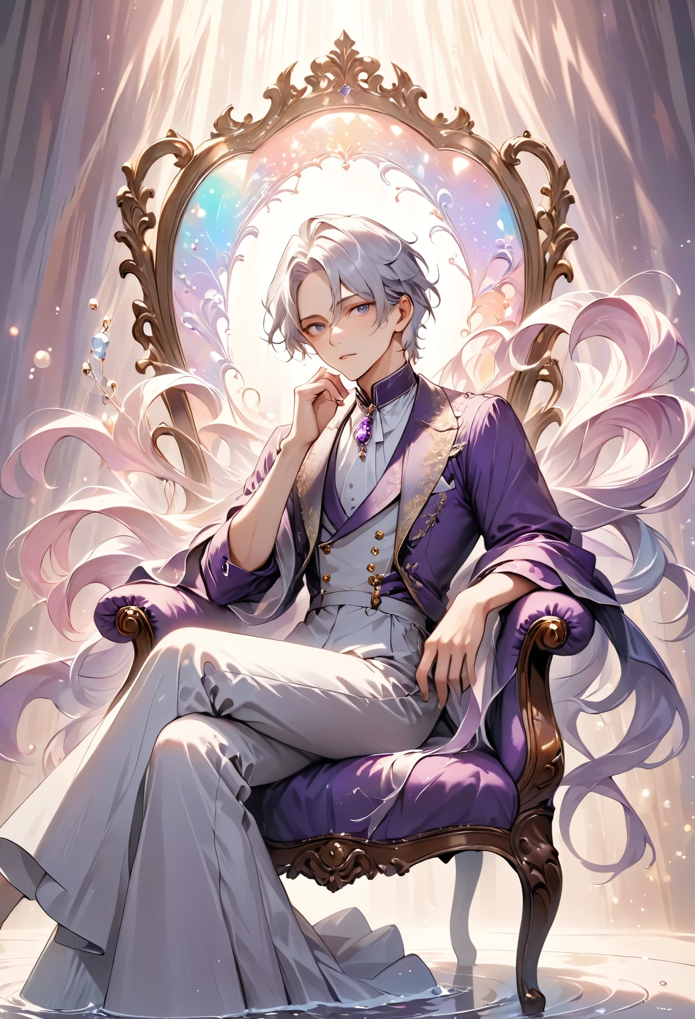 masterpiece, best quality, pastel color palette, a soft and elegant illustration of a noble man seated in an ornate chair,scary, his silver hair flows gently in soft waves, his expression is calm but carries a subtle air of superiority, his outfit is a delicate blend of pastel purples and golds, with intricate lace details that add a soft, whimsical touch, his gloved hand holds a thin cane, and the pearls and jewels surrounding him glow softly in the background, the entire scene is bathed in soft pastel light, creating a serene yet mysterious atmosphere, the background is blurred with pastel shades of red and purple, adding a gentle, dreamlike quality to the image, his aristocratic appearance is softened by the pastel tones, making the overall scene feel light, elegant, and full of quiet mystery, the soft lighting and pastel colors enhance the calm and graceful atmosphere of the scene.