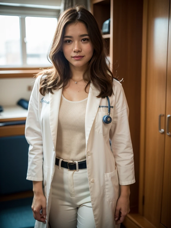 (SFW), (Wide shot), A beautiful woman, (1girl, solo, 23yo), in a white doctor suit, with a stethoscope, in (private hospital, luxurious Wardroom:1.3). (eyes to camera, looking at viewer, smile warmly), High quality image, masterpiece, detailed hair texture, detailed skin texture, detailed cloth texture, 8k, add fabric details, ultra detailed skin texture, ultra detailed photo, skin pores, cloth details, high skin details, realistic hair details, highly details, rich colors, film grain, detailed fabric rendering, lifelike rendering, detailed fabric rendering,epiC35mm