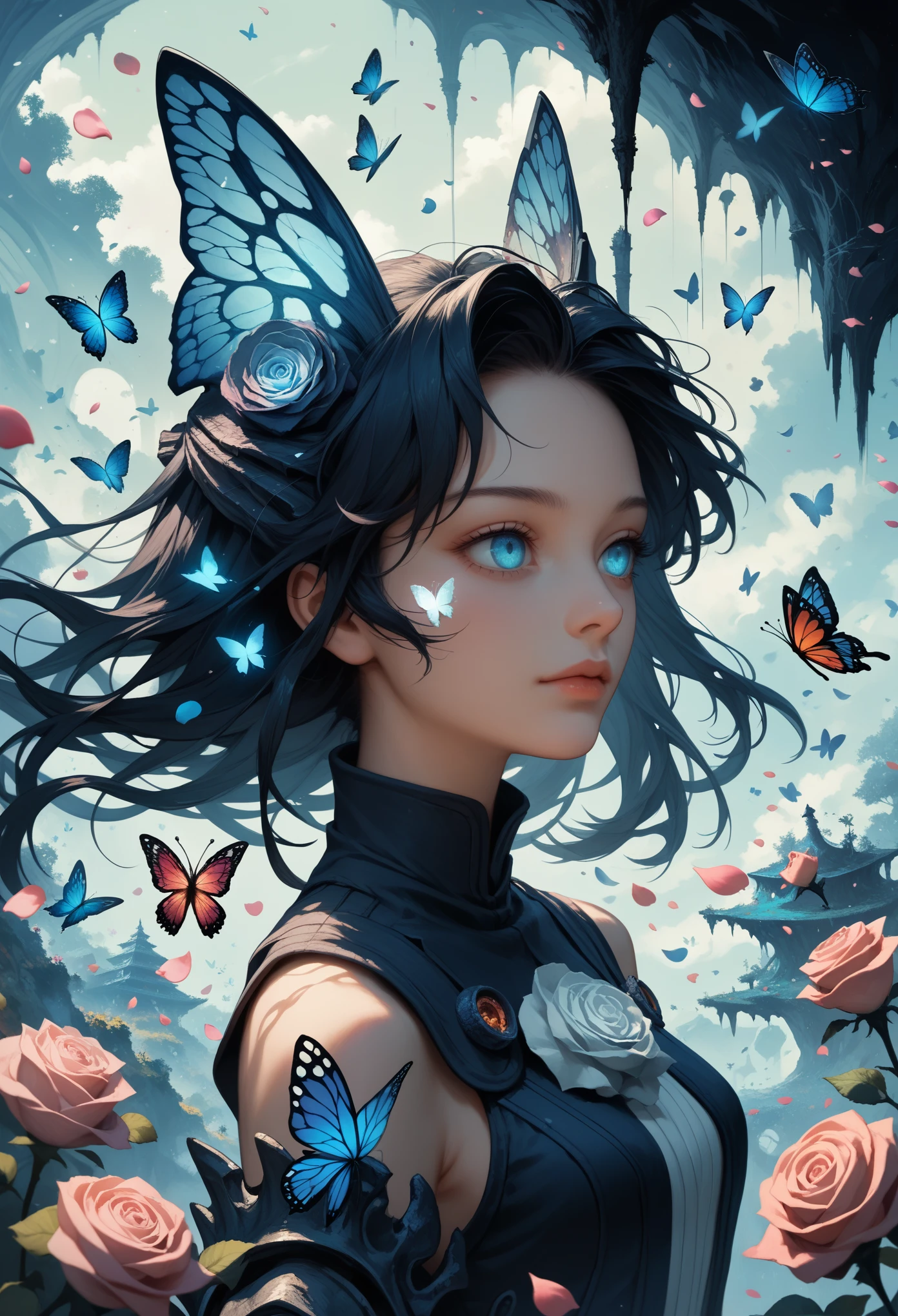 A woman with blue eyes and butterfly wings in a garden - SeaArt AI