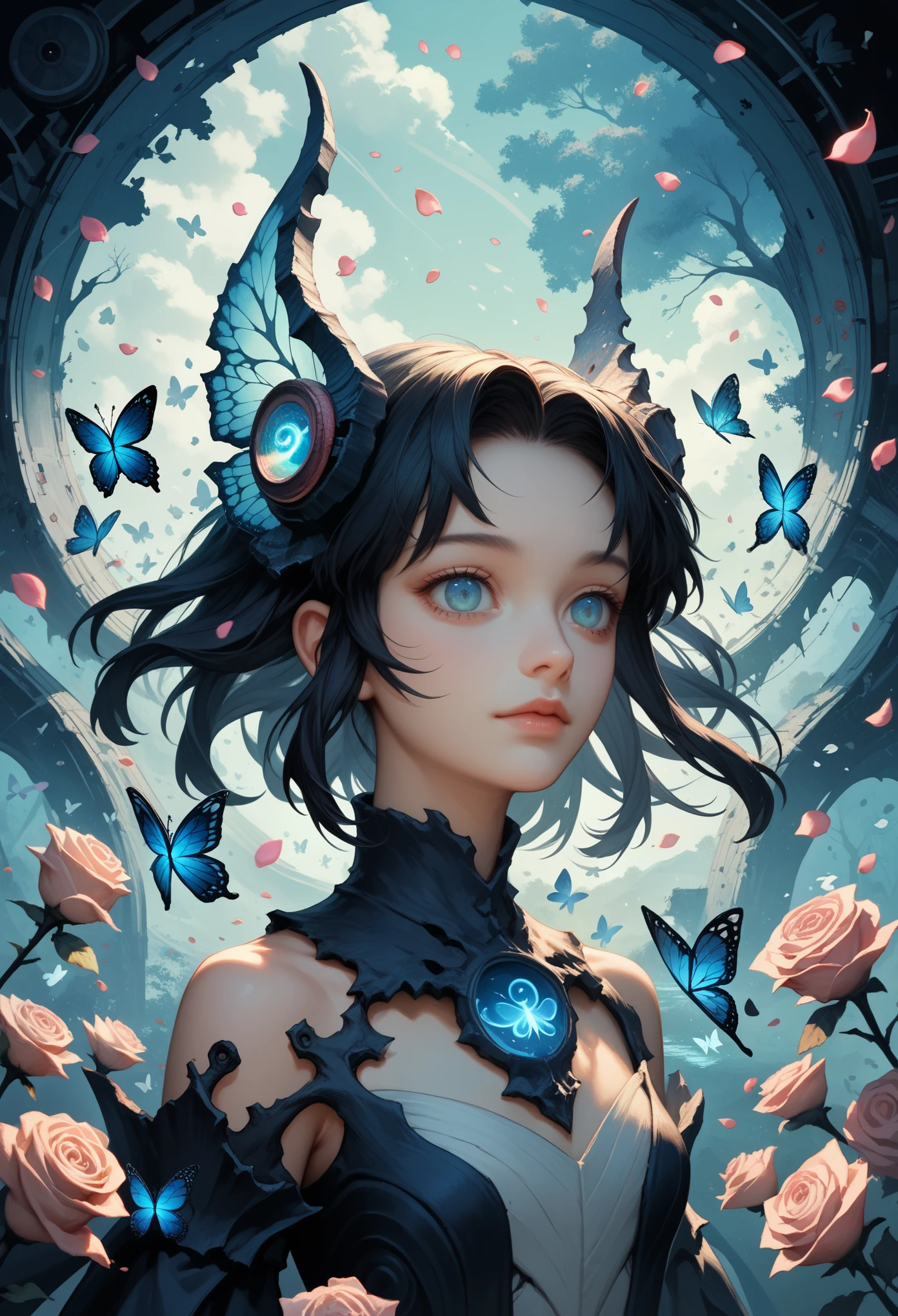 score_9, score_8_up, score_7_up, score_6_up, score_5_up, score_4_up, source_anime, solo focus, sfw, ((portrait of a girl)), upper body, abstract art, surreal, touching a butterfly, floating hair, butterflies, glowing scenery, (falling petals, rose petals:1.2), (abyss, mysterious fields:1.3), amazing background, subsurface scattering, whimsical ethereal art