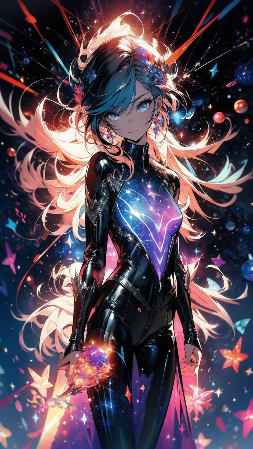 anime, masterpiece, best quality, 1girl, mature female, hair made of out space particles, teal skin, multicolored eyes, medium breasts, very detailed, high resolution, sharp, sharp image, 4k, 8k, masterpiece, (cannabis leaves:0.7), best quality, high contrast, <lora:SDXLFaeTastic2400:1>