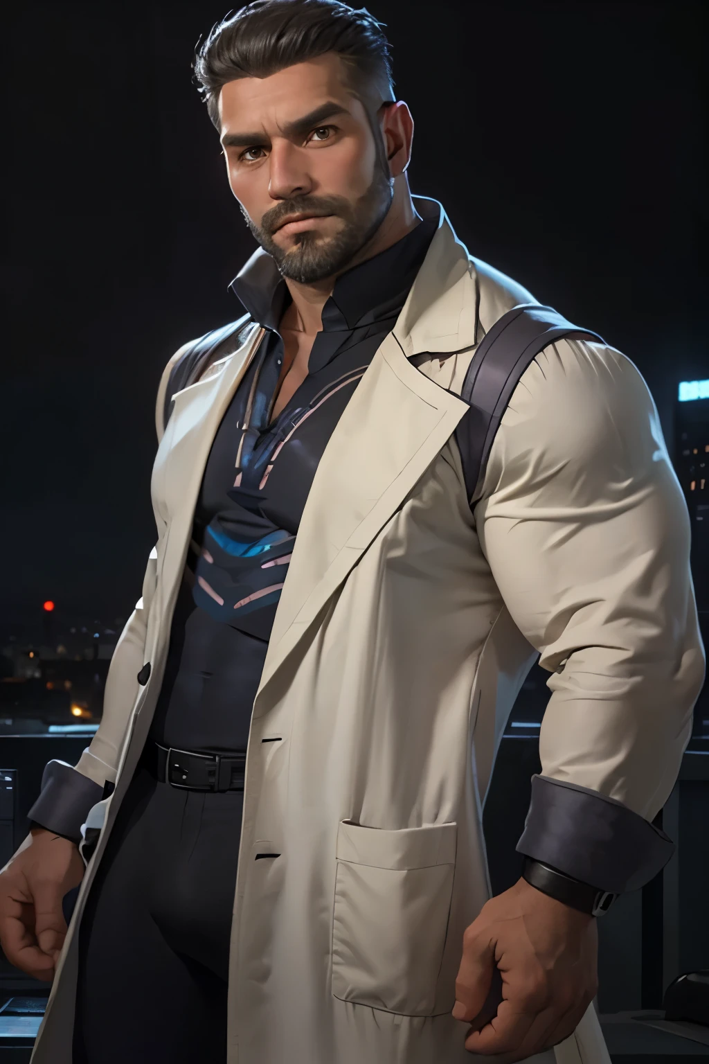 Masterpiece, Best Quality, Ultra Detailed, 1man, solo, hypermasculine, mature male, muscular, hunk, bara, jock, beef, stud, bear-like, wild muscular man, (big shoulders), 36 years old, black hair, very short hair, grizzly hair, black beard, thick beard, full beard, looking at the viewer, serious expression, black suit, blue tie, black lab coat with fluorescent cyan blue electronic circuits, black lab coat, half body shot, sci-fi background, rooftop view