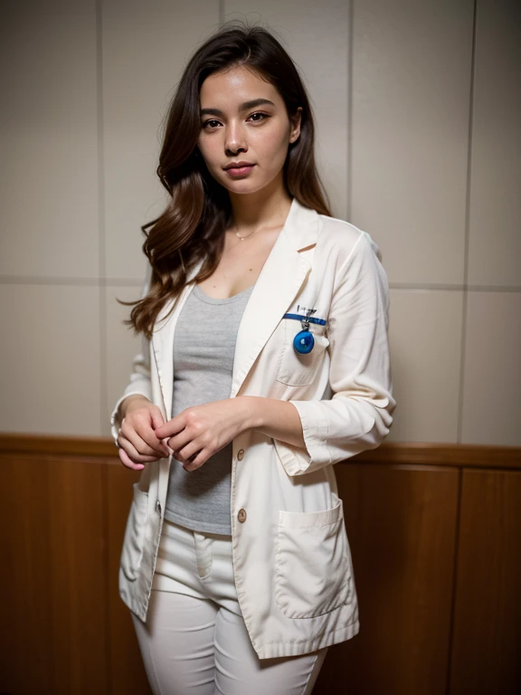 (SFW), (Wide shot), A beautiful woman, (1girl, solo, 23yo), in a white doctor suit, with a stethoscope, in (private hospital, luxurious Wardroom:1.3). (eyes to camera, looking at viewer, smile warmly), High quality image, masterpiece, detailed hair texture, detailed skin texture, detailed cloth texture, 8k, add fabric details, ultra detailed skin texture, ultra detailed photo, skin pores, cloth details, high skin details, realistic hair details, highly details, rich colors, film grain, detailed fabric rendering, lifelike rendering, detailed fabric rendering,epiC35mm