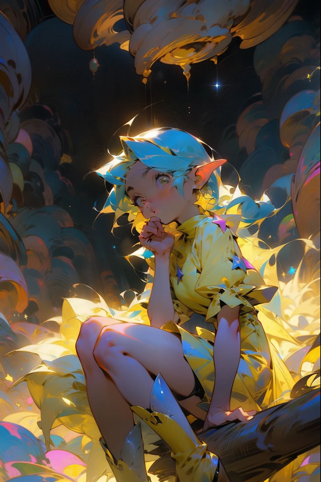 Girl、One girl,Expressionless、Fantastic look、Fairy, Pointed Ears, masterpiece, Best Quality, High resolution, Lucy Heartfilia, Lucy Heartfilia, One girl, Alone,  Blue Hair, Yellow Bandana, Long Hair , Thigh-high boots、Yellow dress、Yellow Skirt, Dark Background, starlight, star,starをすくう、手のひらでstarを救い上げる