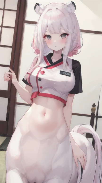 Highest quality,masterpiece, best resolution, nsfw, 1 girl, topless, huge breasts, lift breasts,pink nipple, belly button,indoor, blush, standing, looking at viewer, horse ears, horse tail