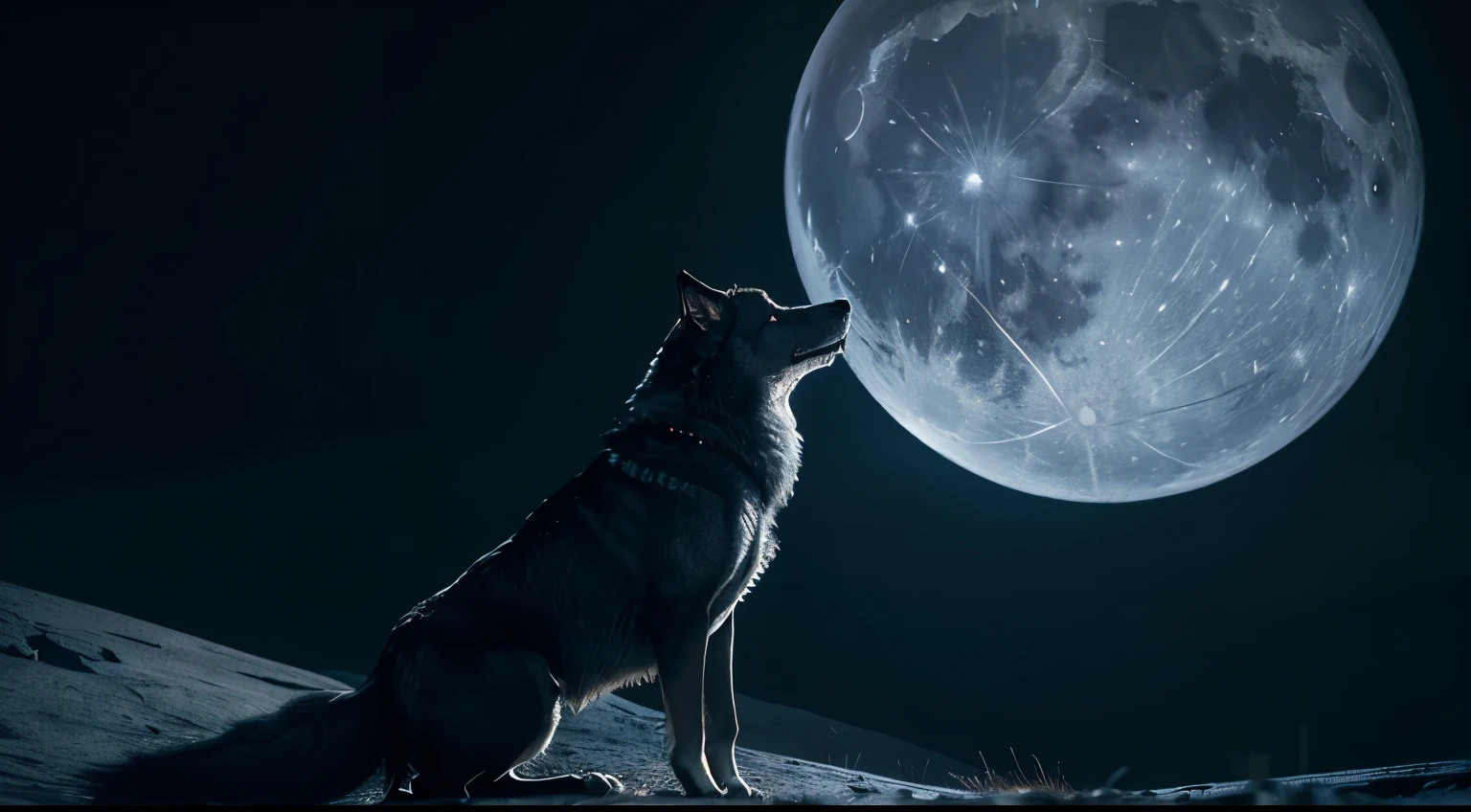 a lonely wolf howling at the moon, detailed fur texture, intense glowing eyes, full moon in the cloudy night sky, dramatic lighting, moody atmosphere, cinematic composition, hyper realistic, 8k, unreal engine, award winning digital art