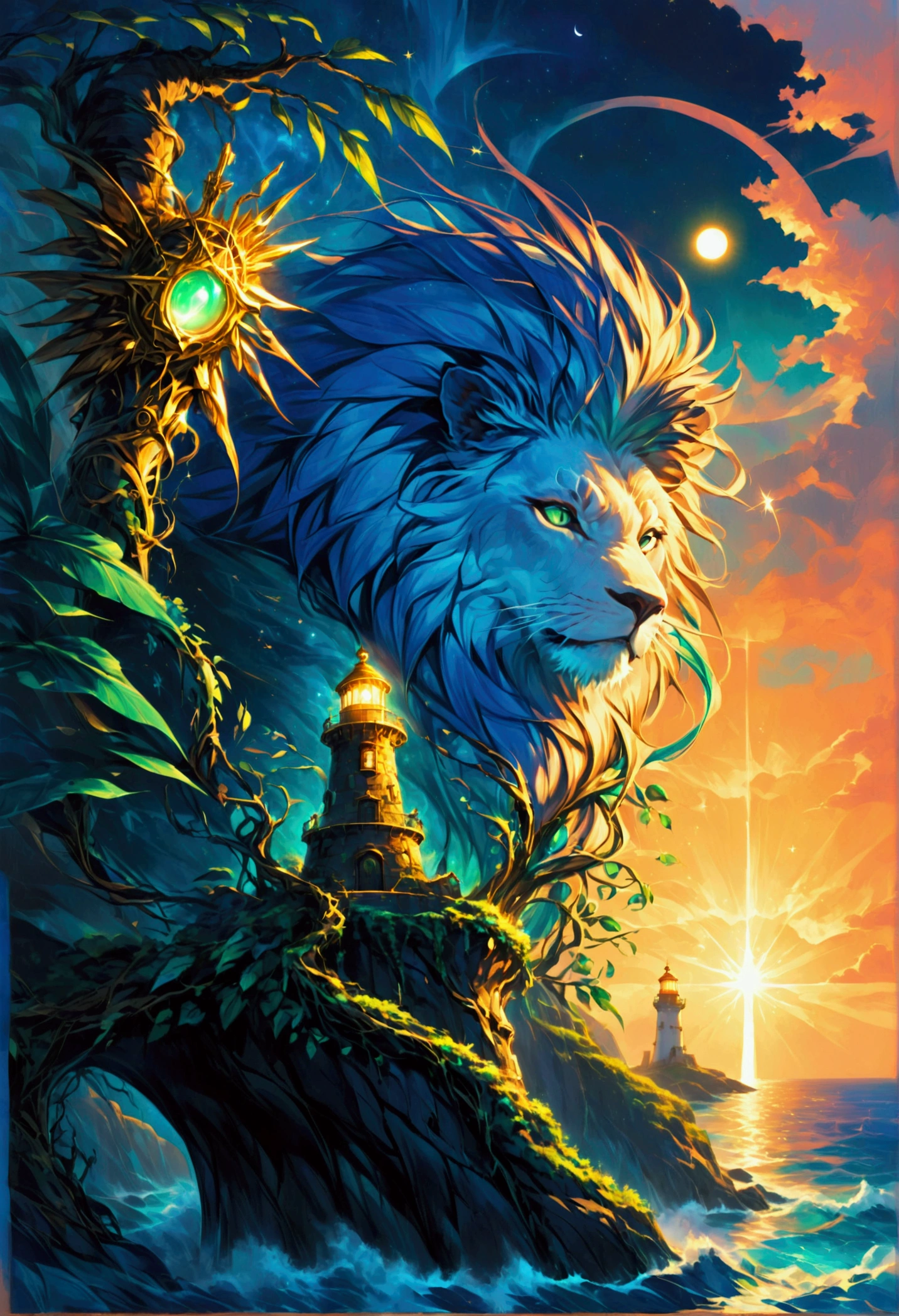 there is a magical lighthouse whose top is in the shape of the head of the lion, it is standing in the sea part of the wall surrounding the city of elves, it is made by tree and has vines climbing its walls. the top of the lighthouse is in the shape of a  lion's head, the light is coming out the lion's eyes, there are some magical runes on the lighthouse, the runes are blue and green, the top of the lighthouse sends a beacon of light into the sea, its is sunset, the moon is rising and there are some stars, fantasy art, high fantasy art, magical art, hyp3rd3tail style