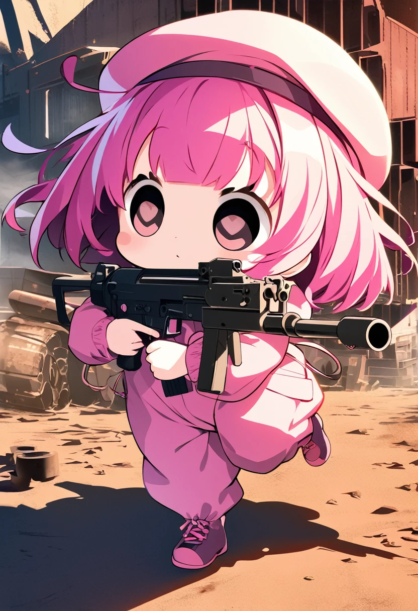 kawaii chibi character girl, running while firing a pink submachine gun, pink bob haircut, cute big round eyes, wearing baggy pink jumpsuit, baggy pink beret, background wilderness, rusty freight cars, conceptual installation art, various effects, delicate and dynamic textures, contrasts of light and shadow, 2.5D, digital graphic CG, BREAK ultra detailed, absolutely resolution, best quality