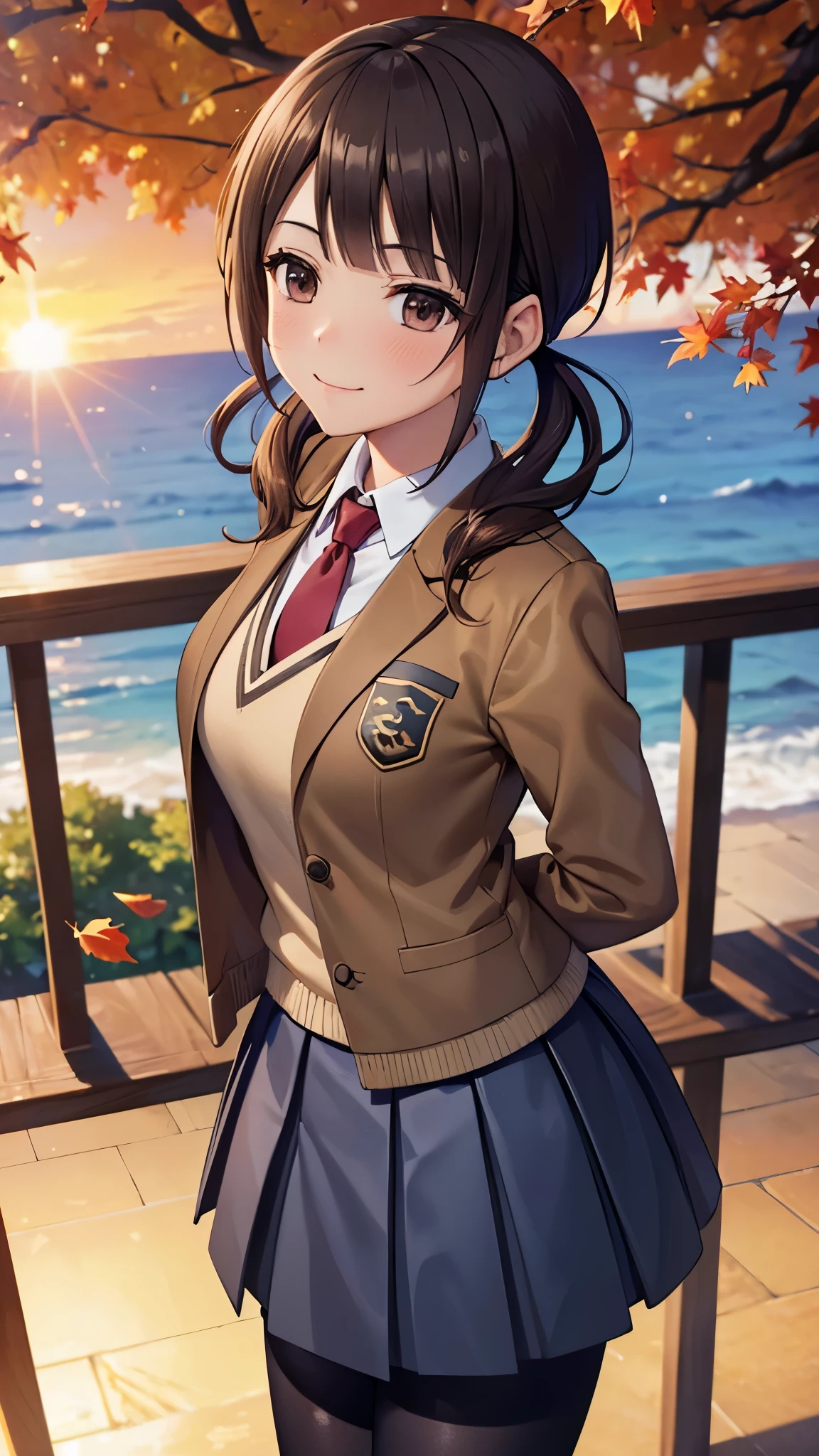 (16k,Ultra-high resolution,Best Quality,masterpiece,Very detailed,Extremely clear CG),okitasawa, low twintails,Anatomically correct body,Very detailed顔の特徴, Beautiful and perfect face,brown jacket, red necktie, yellow sweater vest, blue skirt, pantyhose,Park in the evening,Vivid autumn leaves,sunset,Perfect Eyes,Place your arms behind your back.:1.3,Top view,Looking at the camera,Smiling at the audience,red cheek