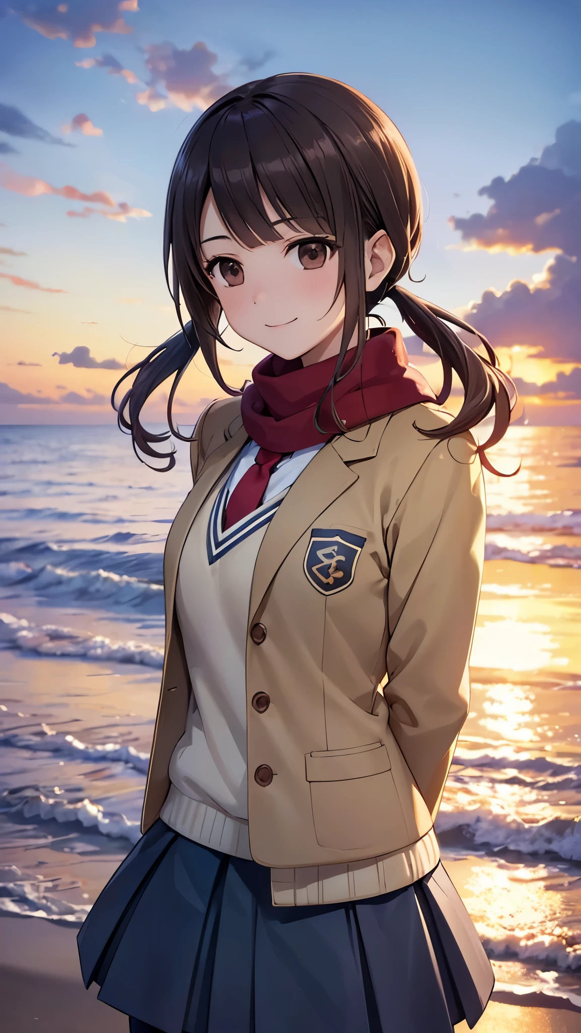 (16k,Ultra-high resolution,Best Quality,masterpiece,Very detailed,Extremely clear CG),okitasawa, low twintails,Anatomically correct body,Very detailed顔の特徴, Beautiful and perfect face,brown jacket, red necktie, yellow sweater vest, blue skirt, pantyhose,Evening coast,Standing on the beach,Realistic sea、sunset,Perfect Eyes,Place your arms behind your back.:1.3,Top view,Looking at the camera,Smiling at the audience,Red scarf,red cheek,((upper body Shot:1.3)),