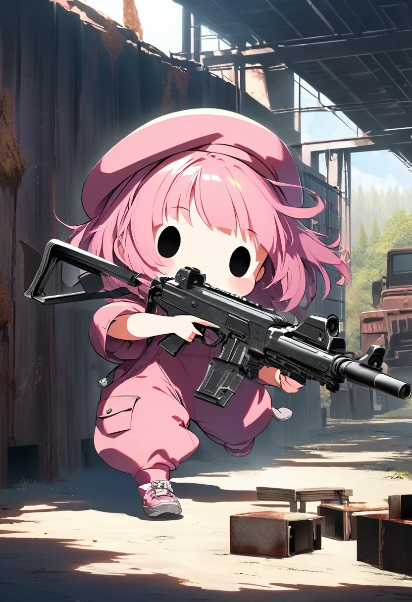 kawaii chibi character girl, running while firing a (pink submachine gun), pink bob haircut, cute big round eyes, wearing baggy pink jumpsuit, baggy pink beret, background wilderness, rusty freight cars, conceptual installation art, various effects, delicate and dynamic textures, contrasts of light and shadow, 2.5D, digital graphic CG, BREAK ultra detailed, absolutely resolution, best quality