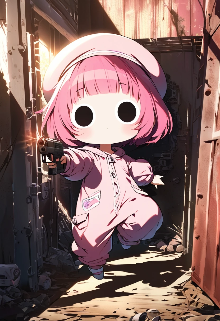 kawaii chibi character girl, running while firing a (pink submachine gun), pink bob haircut, cute big round eyes, wearing baggy pink jumpsuit, baggy pink beret, background wilderness, rusty freight cars, conceptual installation art, various effects, delicate and dynamic textures, contrasts of light and shadow, 2.5D, digital graphic CG, BREAK ultra detailed, absolutely resolution, best quality