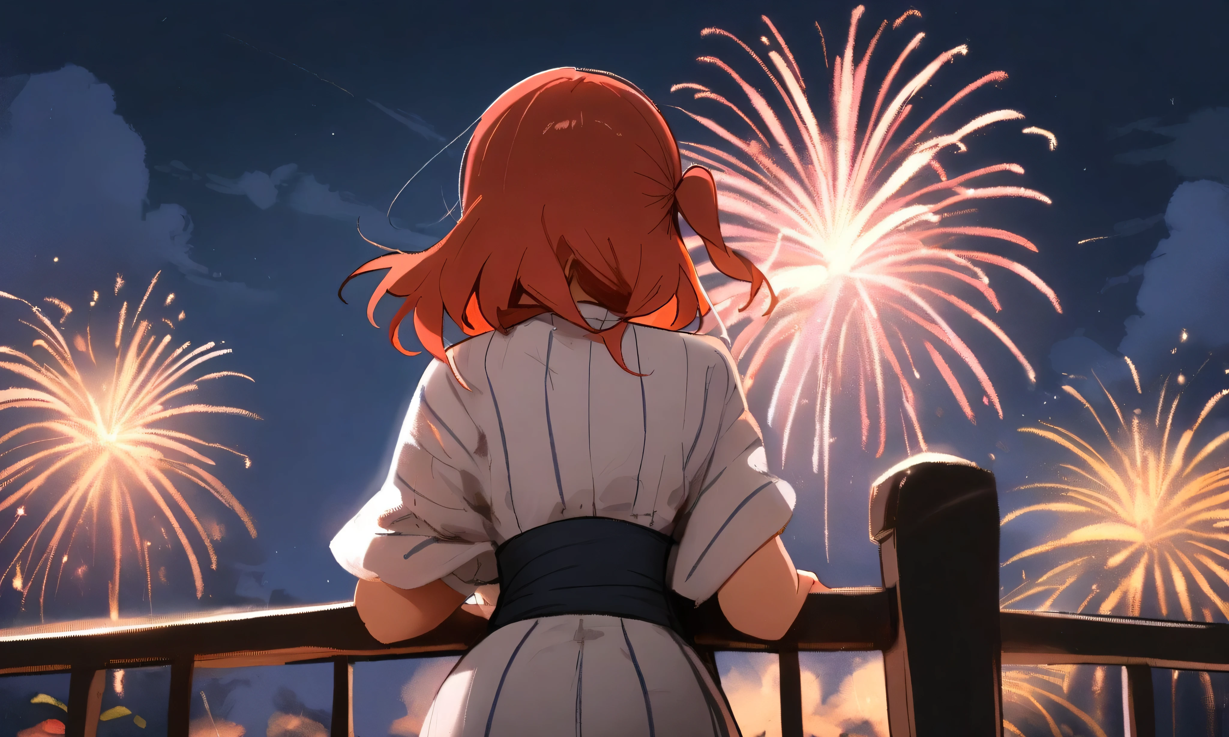 1girl, kita ikuyo, bocchi the rock! \\\\\ masterpiece, best quality, newest, absurdes, ///// nyantcha, khyle, \\\\\ thin waist, thin, skinny, solo, yukata, sky, clouds, night, night sky, facing away, against railing, fireworks,