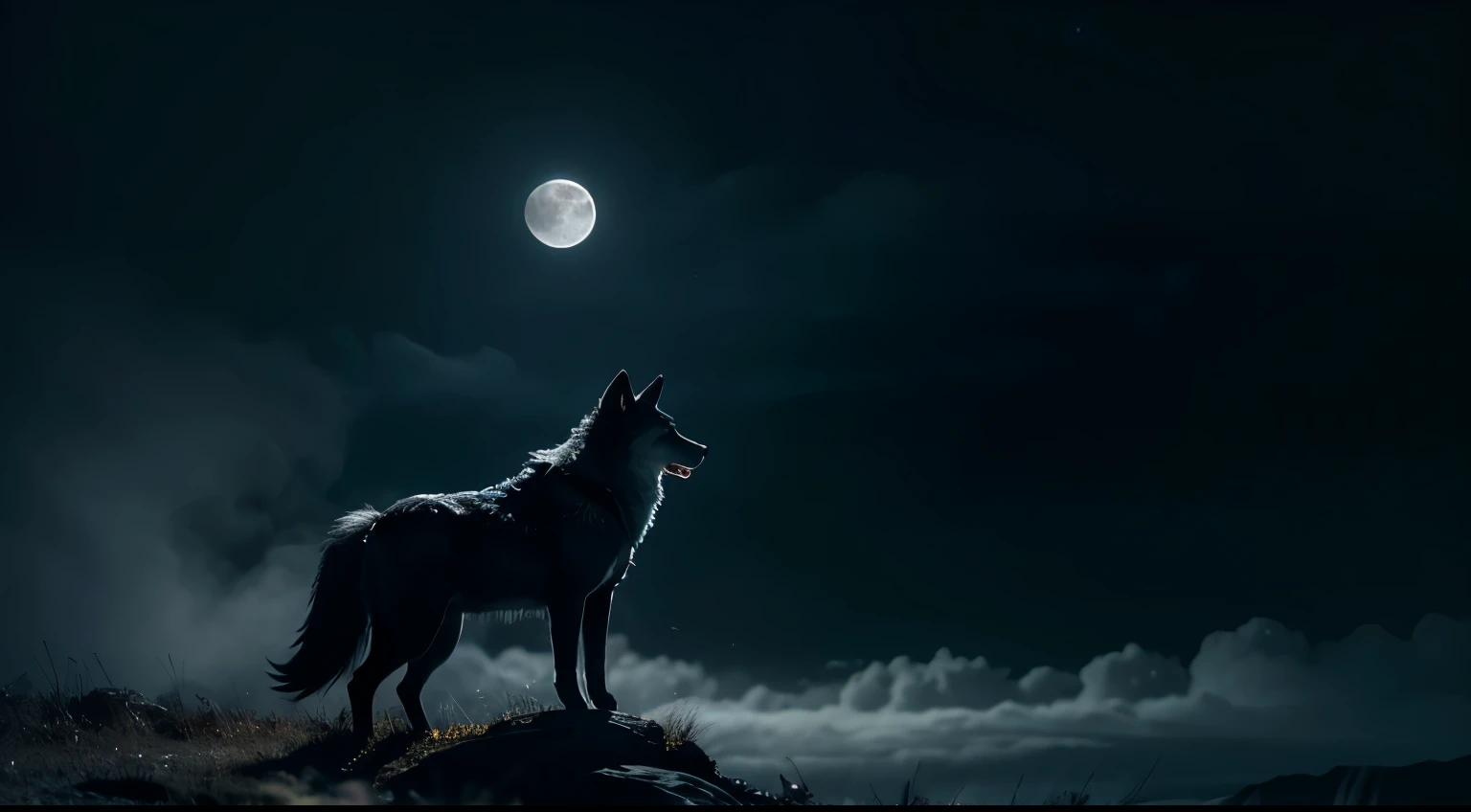 a lonely wolf howling at the moon, detailed fur texture, intense glowing eyes, full moon in the cloudy night sky, dramatic lighting, moody atmosphere, cinematic composition, hyper realistic, 8k, unreal engine, award winning digital art