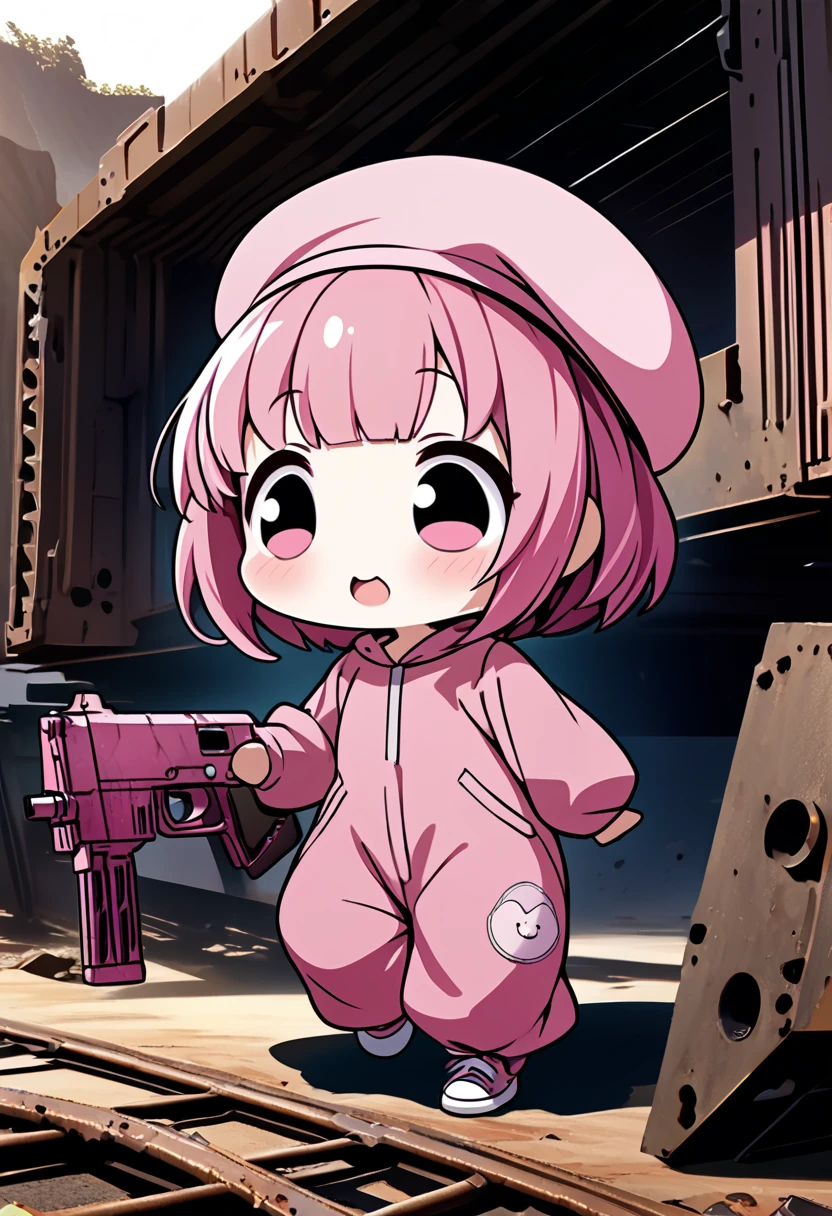 kawaii chibi character girl, running while firing a pink submachine gun, pink bob haircut, cute big round eyes, wearing baggy pink jumpsuit, baggy pink beret, background wilderness, rusty freight cars, conceptual installation art, various effects, delicate and dynamic textures, contrasts of light and shadow, 2.5D, digital graphic CG, BREAK ultra detailed, absolutely resolution, best quality