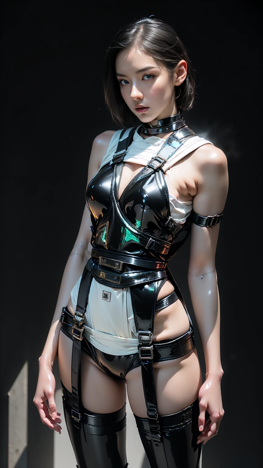 "((Highest quality,16K,High resolution,masterpiece:1.6)),Very detailedな,Very detailed,(Realistic,photoRealistic,photo-Realistic:1.37),  (Huge and stunning goddess shot, Very hot and sexy,((short hair)), Great beauty, Perfect balance, Beautiful body,((White skin:1.5)), Slim body beauty: 1.4),there is a woman in a red bikini and black leather Harness, Red and black cyberpunk outfit, Wearing a shiny breastplate, Cyberpunk Costume, Wear professional clothing and protective equipment, I rode a lot, Harnesses and garters, Wearing a sexy crop top, Funny costumes, Post-apocalyptic atmosphere, Very sexy devil costume, Cyberpunk Angry Gorgeous Goddess, skintight red leather armor, Harness, Soft indirect lighting in the studio,((Delicate artwork on a dark grey background))、((A beautiful figure that stands out against a dark background))、

