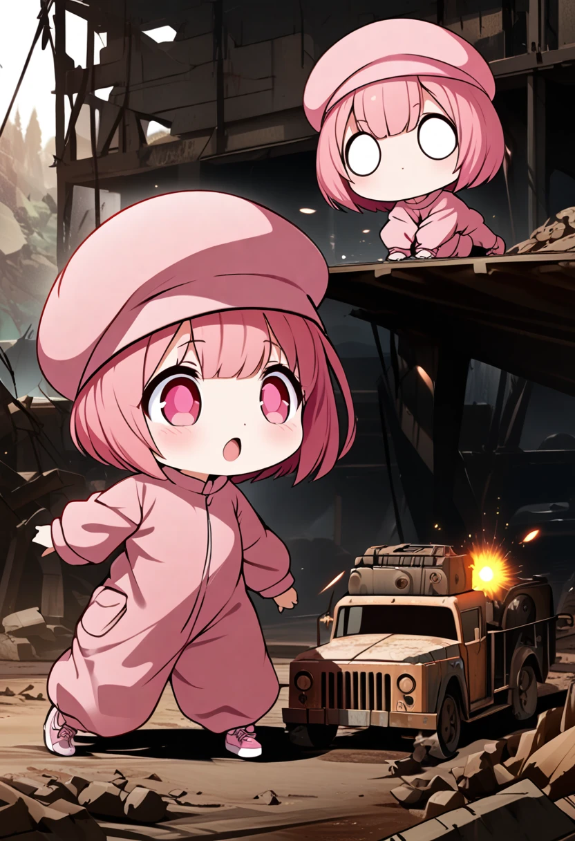 kawaii chibi character girl, running while firing a pink submachine gun, pink bob haircut, cute big round eyes, wearing baggy pink jumpsuit, baggy pink beret, background wilderness, rusty freight cars, conceptual installation art, various effects, delicate and dynamic textures, contrasts of light and shadow, 2.5D, digital graphic CG, BREAK ultra detailed, absolutely resolution, best quality