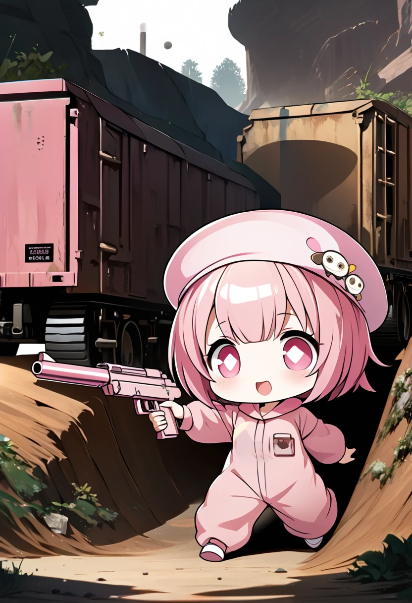 kawaii chibi character girl, running while firing a pink submachine gun, pink bob haircut, cute big round eyes, wearing baggy pink jumpsuit, baggy pink beret, background wilderness, rusty freight cars, conceptual installation art, various effects, delicate and dynamic textures, contrasts of light and shadow, 2.5D, digital graphic CG, BREAK ultra detailed, absolutely resolution, best quality