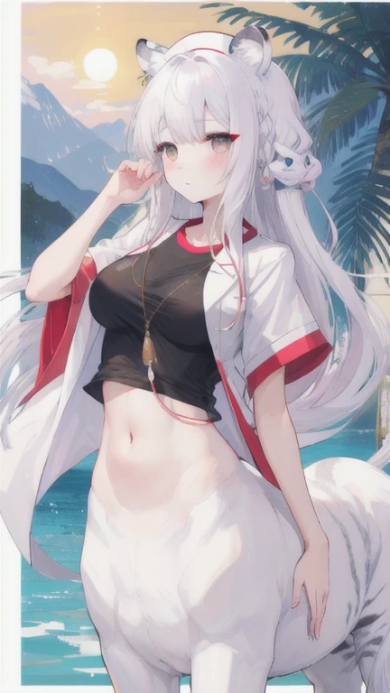 (best quality, masterpiece), 1 girl, centaur, It takes, White skin, Gyeongju, saddle, belly button t-shirt, 아름다운 소녀 perfect wolf photo, perfect wolf photo
