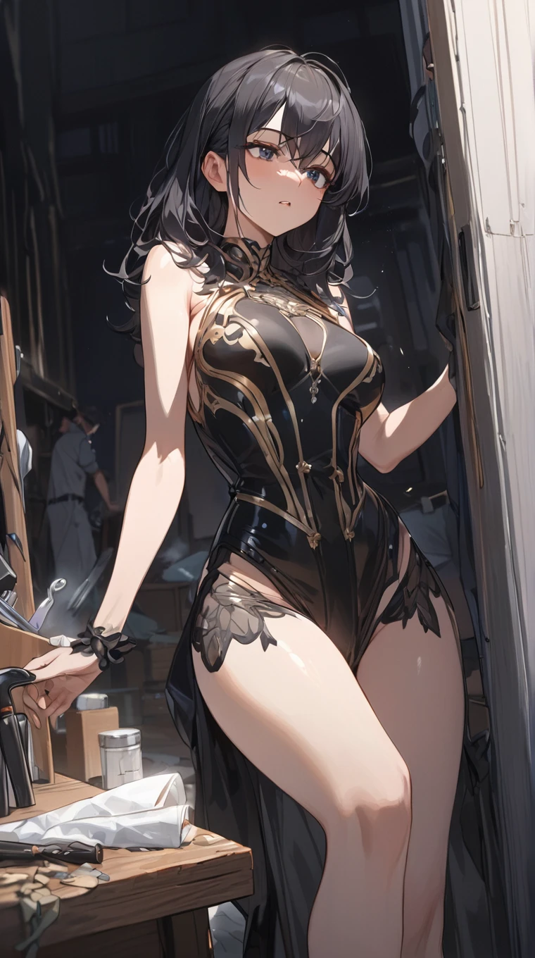 ((masterpiece))、(top-quality)、(detailed, 27 years old)、(1girl, her is seen)、black hair、green glowing eyes、Upstyle She's wearing a floral sundress, looking down to viewer、huge tits、Clean thighs、She's standing in the lens is looking upskirt at her . She's holding her breasts and a nipple is slipping out of her shirt. You can see her ,a little bit upskirt. is visible. Glossy skin. Mature face