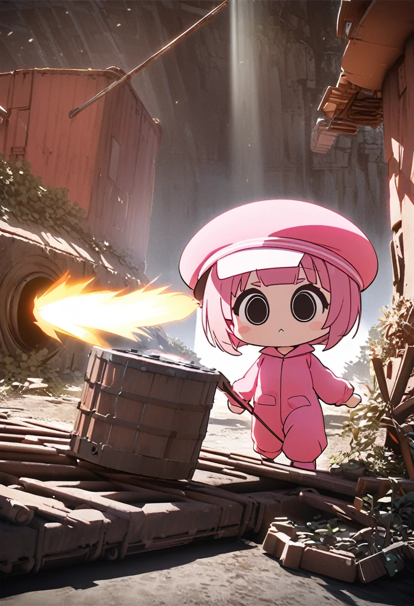 kawaii chibi character girl, running while firing a pink submachine gun, pink bob haircut, cute big round eyes, wearing baggy pink jumpsuit, baggy pink beret, background wilderness, rusty freight cars, conceptual installation art, various effects, delicate and dynamic textures, contrasts of light and shadow, 2.5D, digital graphic CG, BREAK ultra detailed, absolutely resolution, best quality