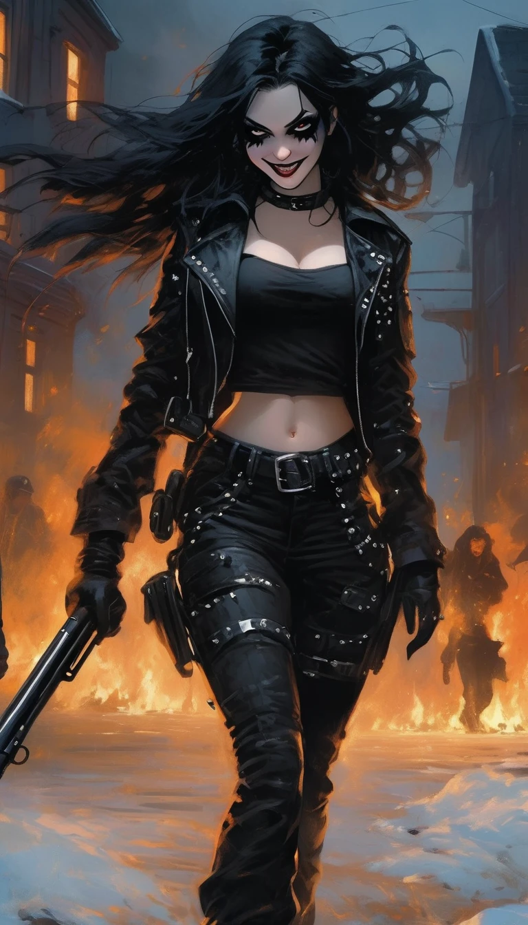 18 year old girl, long hair, straight black hair, slim, medium round breasts, athletic body, black metal makeup, evil smile, sign of the horns in left hand. girl dressed in black jeans, black black metal band t-shirt, black leather jacket with steel studs, black military leather boots with steel buckles, rifle cartridge belt, torch in her right hand. background with a burning church, snowy landscape, 4 firefighters putting out fire, 2 police officers running to arrest the girl. night scene, fire light and street lamps, extremely detailed, 35mm, f:5.3,