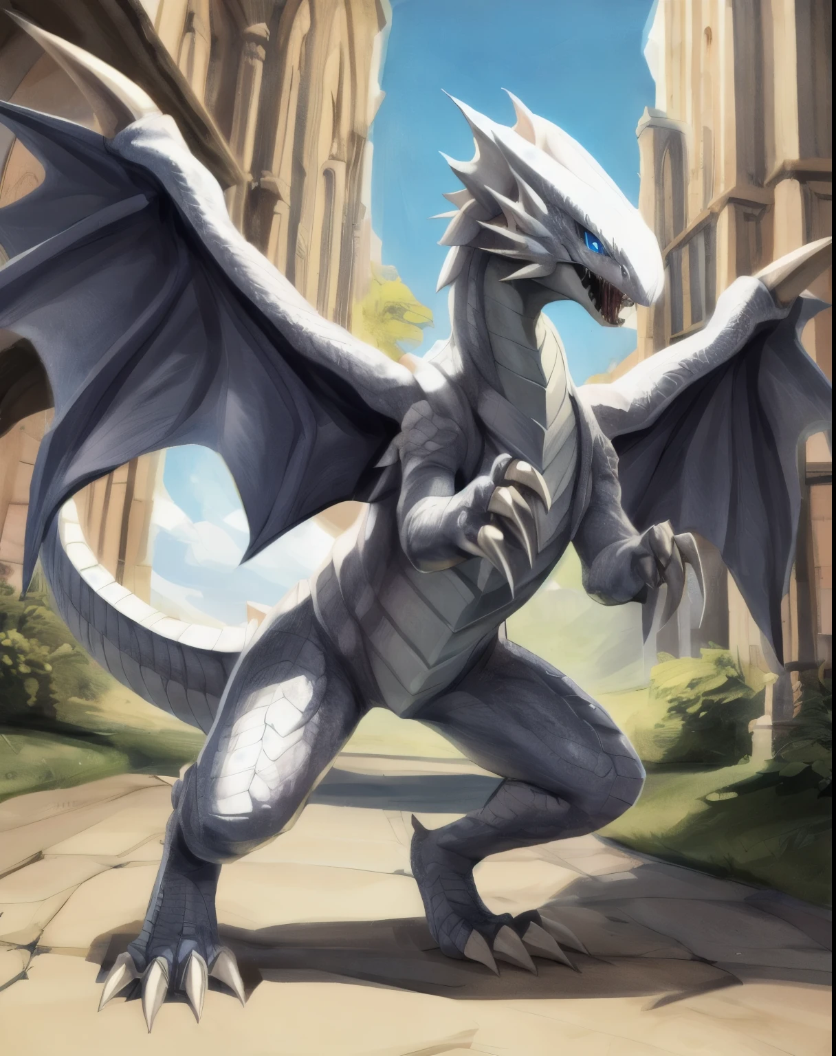 feral,bewdragon,hi res,soft shading,good anatomy,cinematic lighting,by woolrool,crayon \(artist\),buta99,detailed background,outdoors,blue eyes,wings,white scales,(detailed scales),white claws,standing on hind legs,sharp teeth,