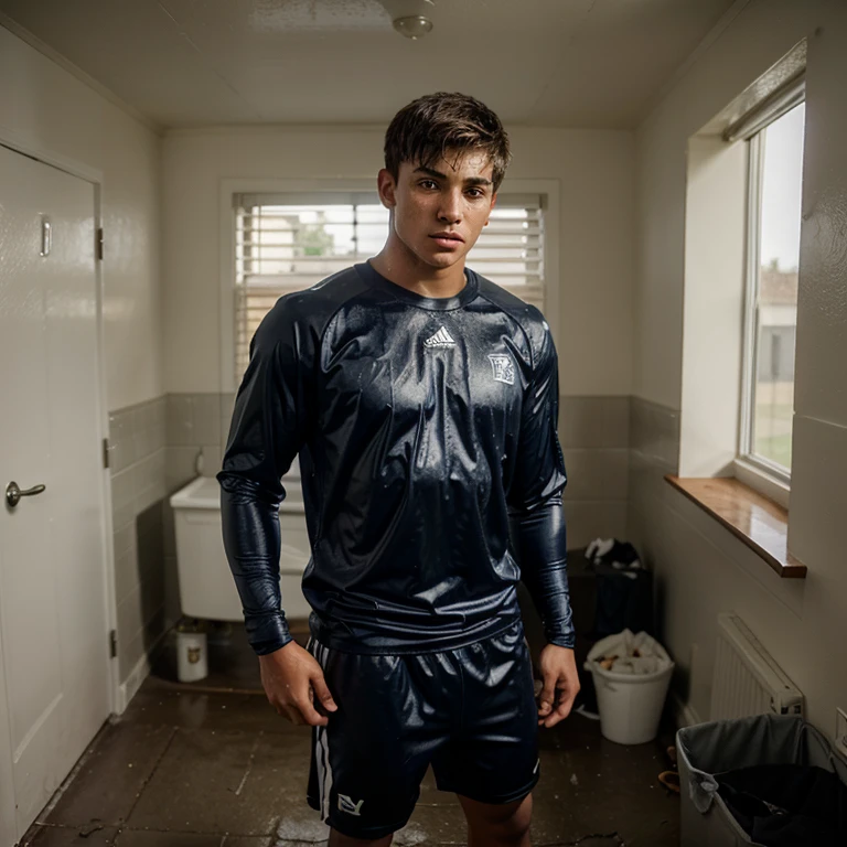 A young man in wet soccer kit is crucified in a torture chamber