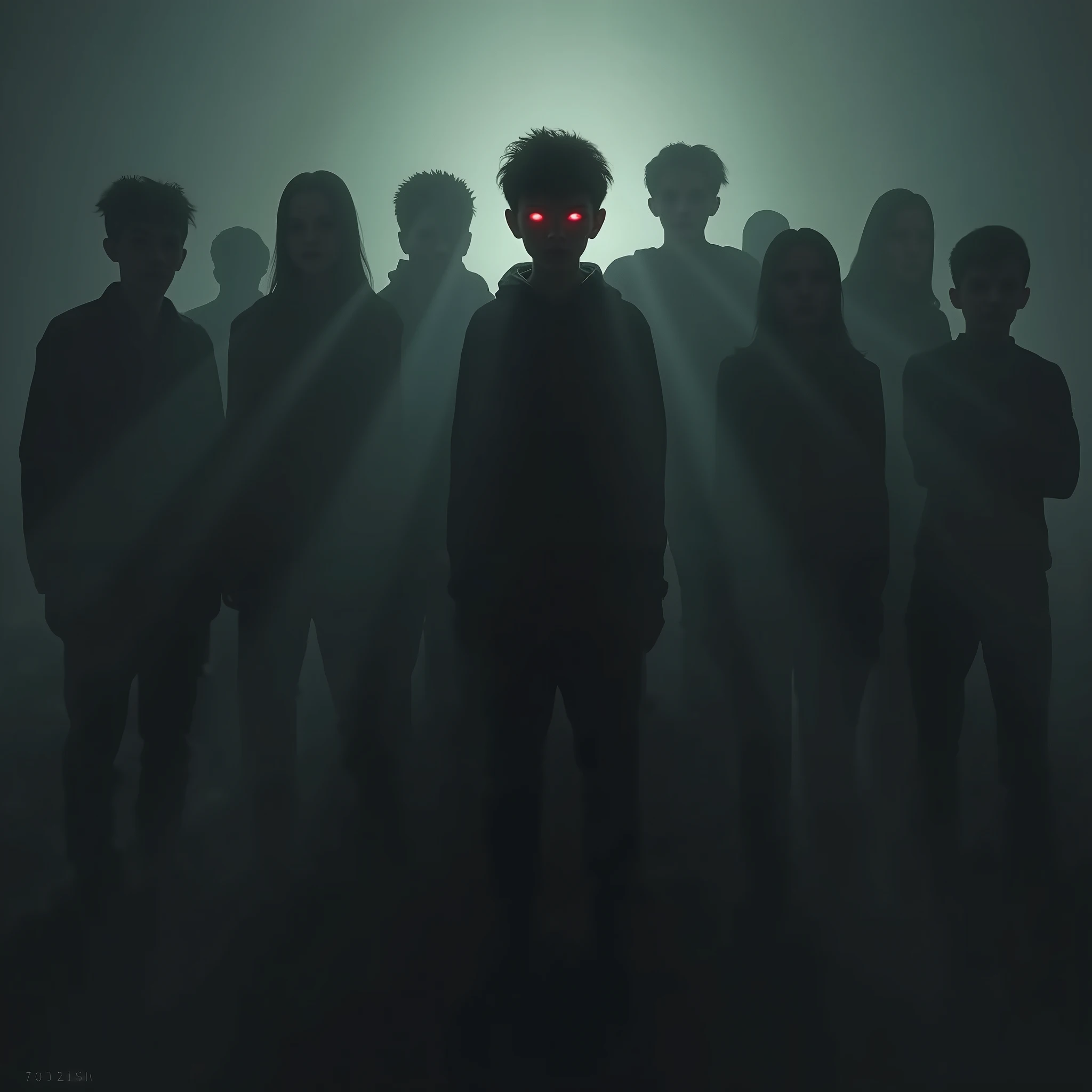 a group of 10 people who only see their shadows, that they are adults with clothes from different periods, and in the middle of all there is a young man, with red eyes, with a foggy background, use the same style as the previous image, But remember that everyone has to be an adult.,