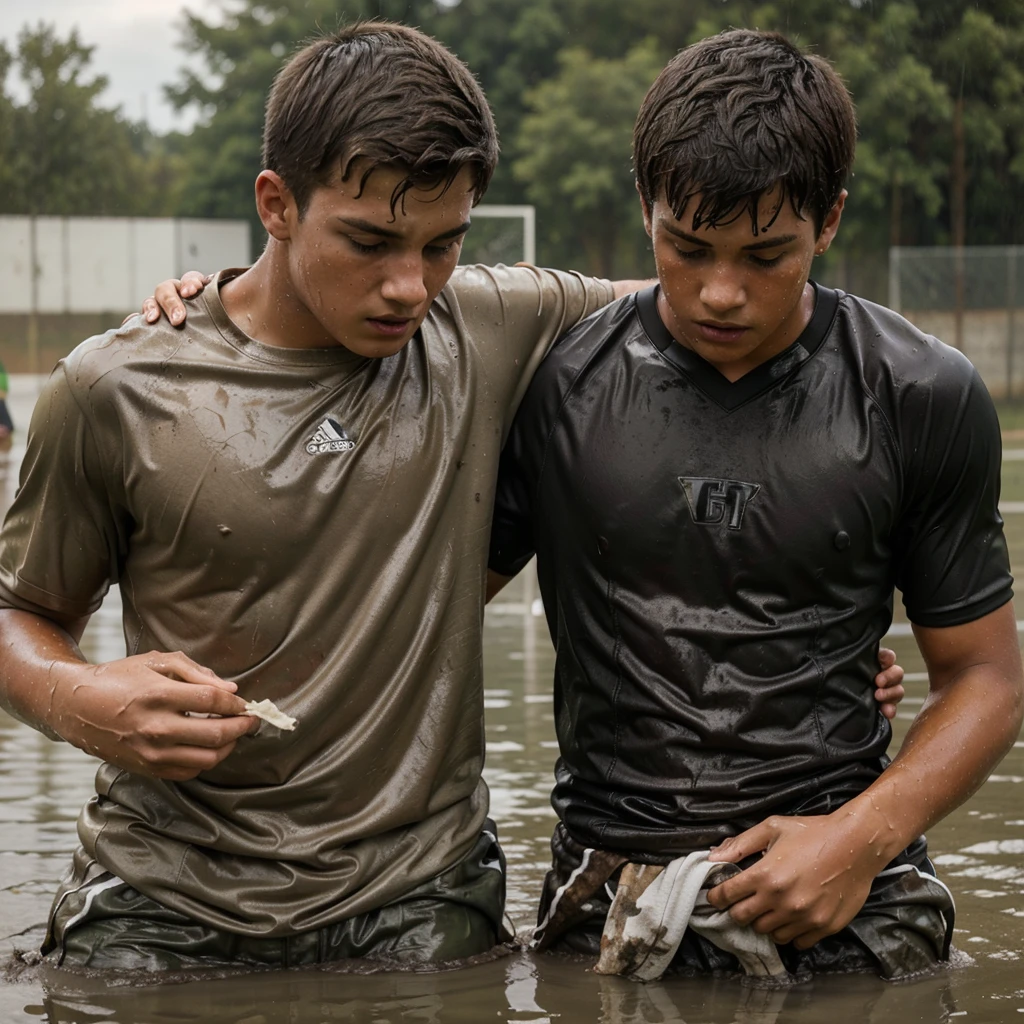 soaked twenty year old men wearing wet football jerseys with soaked hair wearing soaked uniforms. several hockey players in briefs pour buckets of water over them. Wet shirts. Wetlook. Sensual. Kissing. Homosexual. Wet clothes. Wetlook.