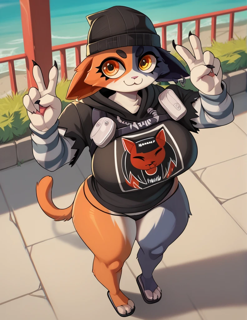 score_9, score_8_above, score_7_above, score_6_above, kimono style,1 , Meowskullsxl, anthropomorphic, cat girl, animal ears, multicolored fur, Black hair, Orange fur, orange eyes hat, printed hoodie, striped sleeves, short panty, Standing, outdoor, peace sign, large breasts, large thighs 