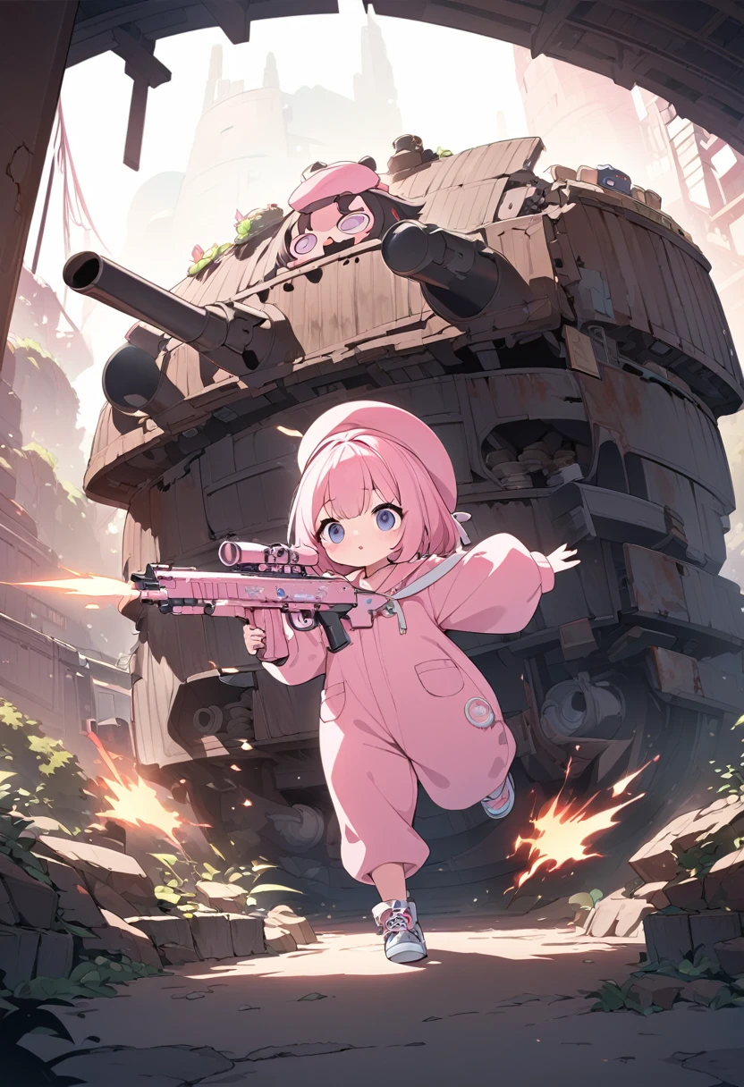 kawaii chibi character girl, running while firing a pink submachine gun, pink bob haircut, cute big round eyes, wearing baggy pink jumpsuit, baggy pink beret, background wilderness, rusty freight cars, conceptual installation art, various effects, delicate and dynamic textures, contrasts of light and shadow, 2.5D, digital graphic CG, BREAK ultra detailed, absolutely resolution, best quality