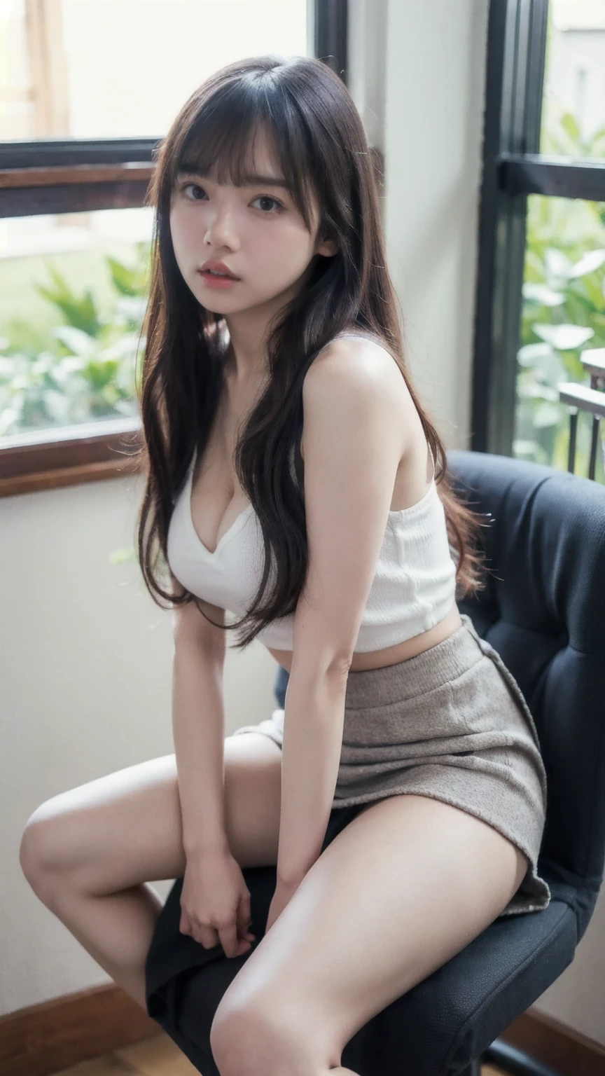 Korean girl on her chair lying in a provocative position in schoolgirl clothes wearing a short skirt and lifting her skirt to show her butt, sensual body, provocative clothing, big breasts, knit strap tanktop, small waist, big breast, ((look at viewer)), perfect legs