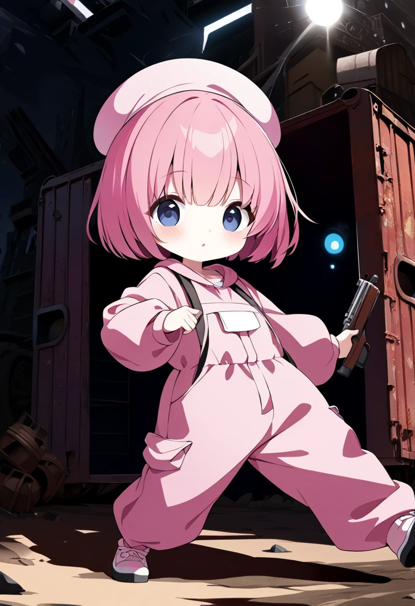 kawaii chibi character girl, running while firing a pink submachine gun, pink bob haircut, cute big round eyes, wearing baggy pink jumpsuit, baggy pink beret, background wilderness, rusty freight cars, conceptual installation art, various effects, delicate and dynamic textures, contrasts of light and shadow, 2.5D, digital graphic CG, BREAK ultra detailed, absolutely resolution, best quality