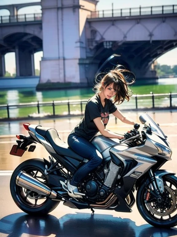 Riding a silver 1500cc super large motorcycle on the road T-shirt、There is a woman wearing low pants。.., (((Wheelie))) 1500cc super bike(katana)Racing across a large bridge。, . (This scene、It captures the speed and power of the scene...))), (((Dynamic and powerful composition))
