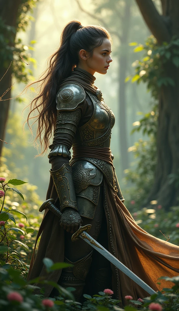 A young woman in armour、Standing in the woods with a sword, Her black ponytail is blowing in the wind、