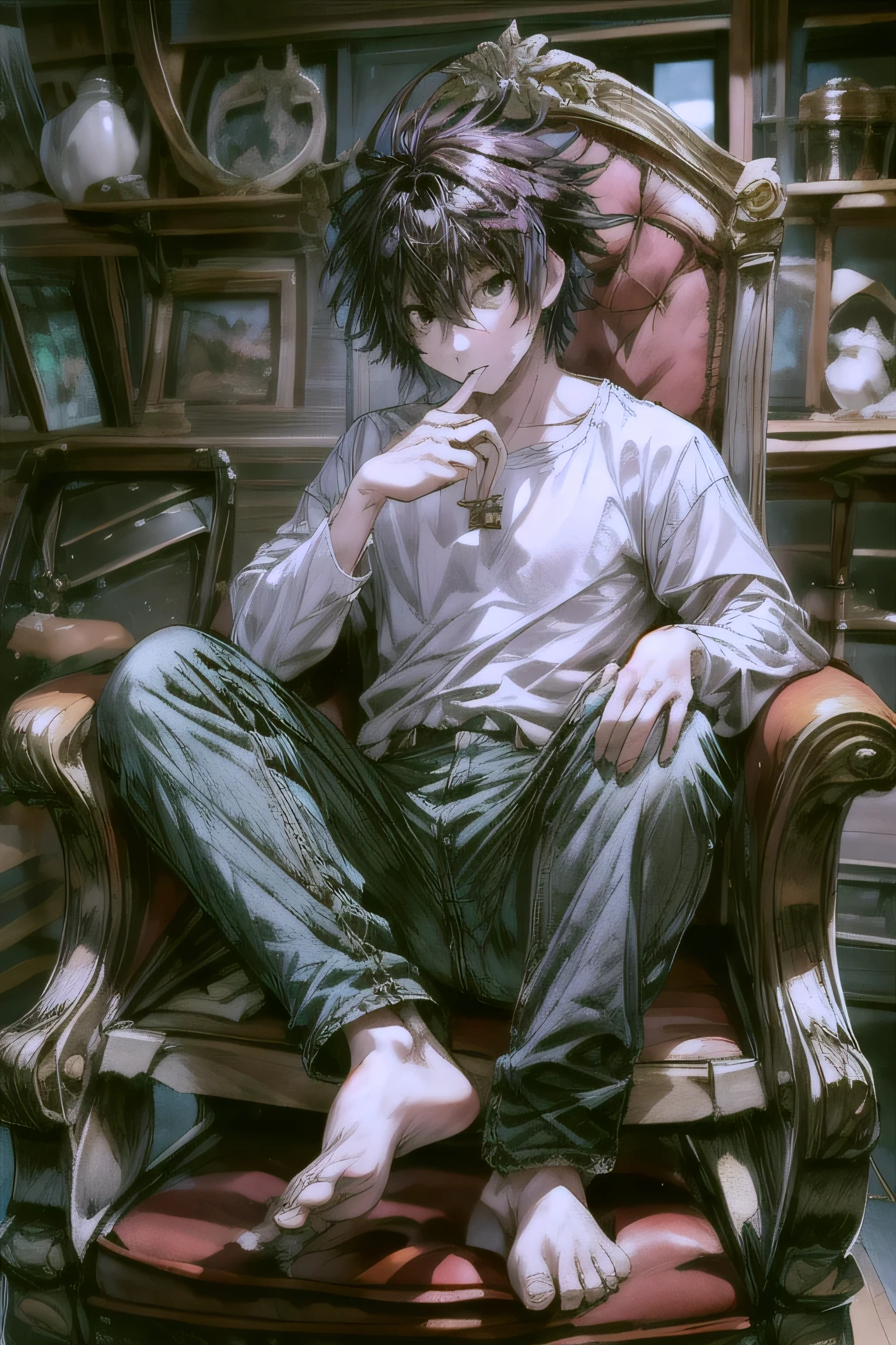 (masterpiece,Best Quality, detailed), Purple Hair、One person, Focus on men, View your viewers, whole body, indoor, Sitting, Raise your knees, Armchair, Yuri, White shirt, jeans, barefoot, Put your finger over your mouth