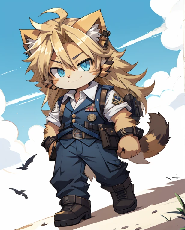 Alone, High resolution, masterpiece, Earrings,smile, blue eyes, Anime Style, Look at, male, cat, Chibi, Long Hair, Disheveled Hair, Blonde, war, Riding a tank, uniform, soldier