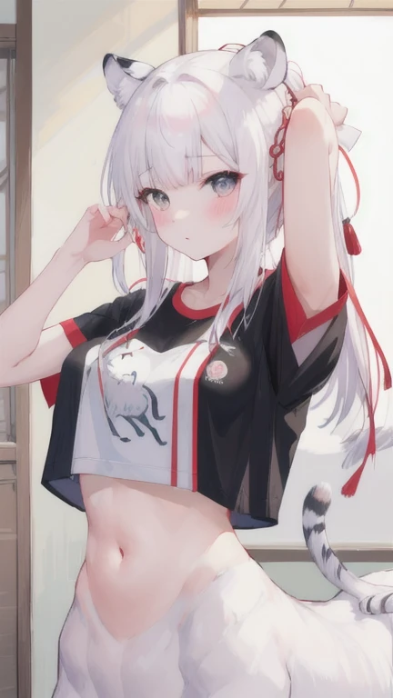(best quality, masterpiece), 1 girl, centaur, It takes,White skin, belly button t-shirt, 아름다운 소녀 perfect white tiger photo, perfect white tiger photo