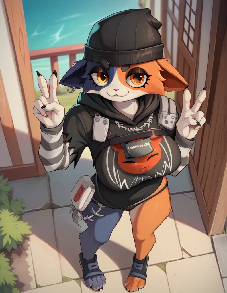 score_9, score_8_above, score_7_above, score_6_above, kimono style,1 , Meowskullsxl, anthropomorphic, cat girl, animal ears, multicolored fur, Black hair, Orange fur, orange eyes hat, printed hoodie, striped sleeves, short panty, Standing, outdoor, peace sign, large breasts