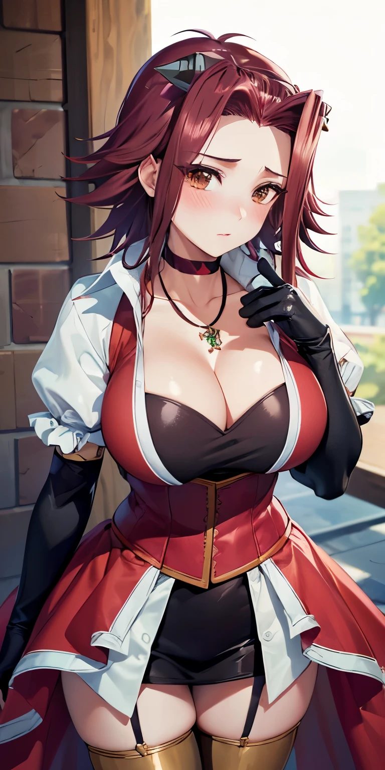 1 Female,High definition,high resolution,Ultra-realistic,8K, aki1, izayoi aki, solo, gloves, elbow gloves, breasts, jewelry, cleavage, choker, necklace, black thighhighs, black gloves, large breasts,European,sexy,Upper body close-up,Photographed from the front,Dynamic Angles,(blush), (medium tits) 